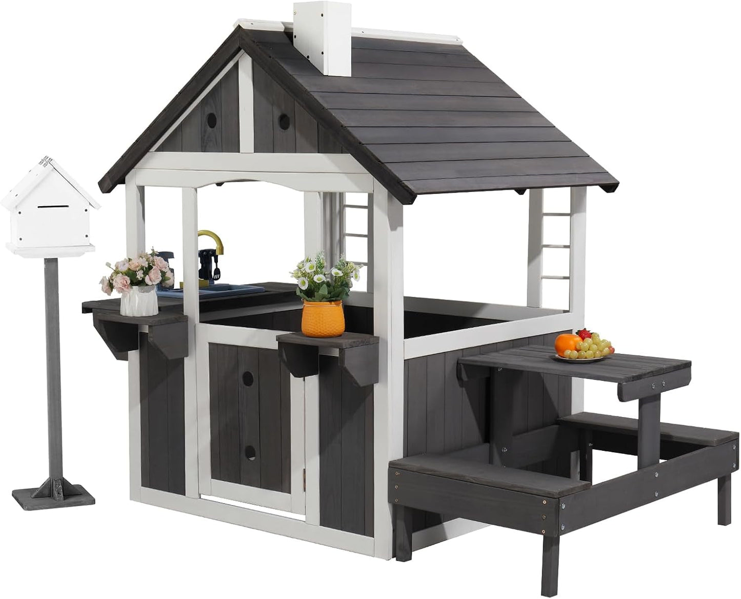 Wooden Outdoor Playhouse Gray White Integrated Sink