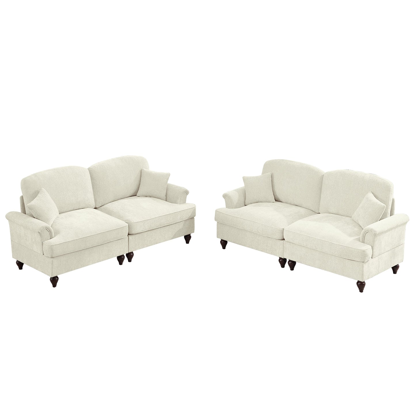 Classic 2 Piece Modular Couch Living Room Sofa Set with Flared Arms and Removable Ruffles Pleats Skirts and Spindle Legs, 2 Seater Sofa + 2-Seat Loveseat Sofa Sets for Living Room, Beige White