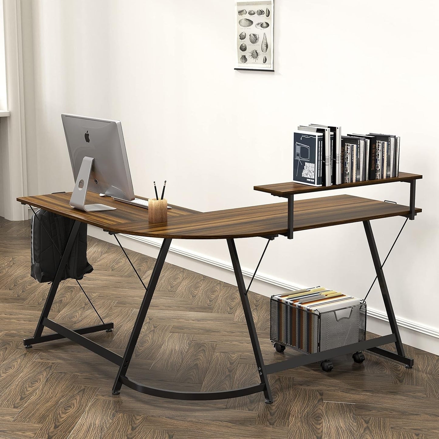 Vista L Shape Desk With Monitor Stand Walnut Finish