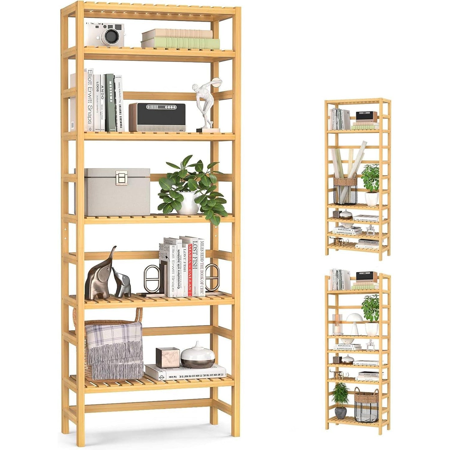Six Tier Adjustable Bamboo Bookshelf Tall 63 Inch Natural