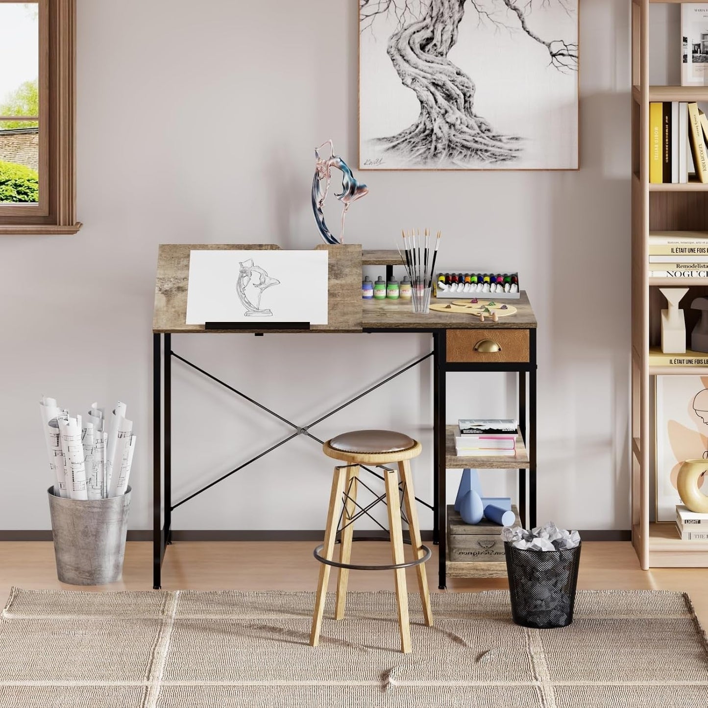 Adjustable Drafting Table with Storage Shelves and Drawer