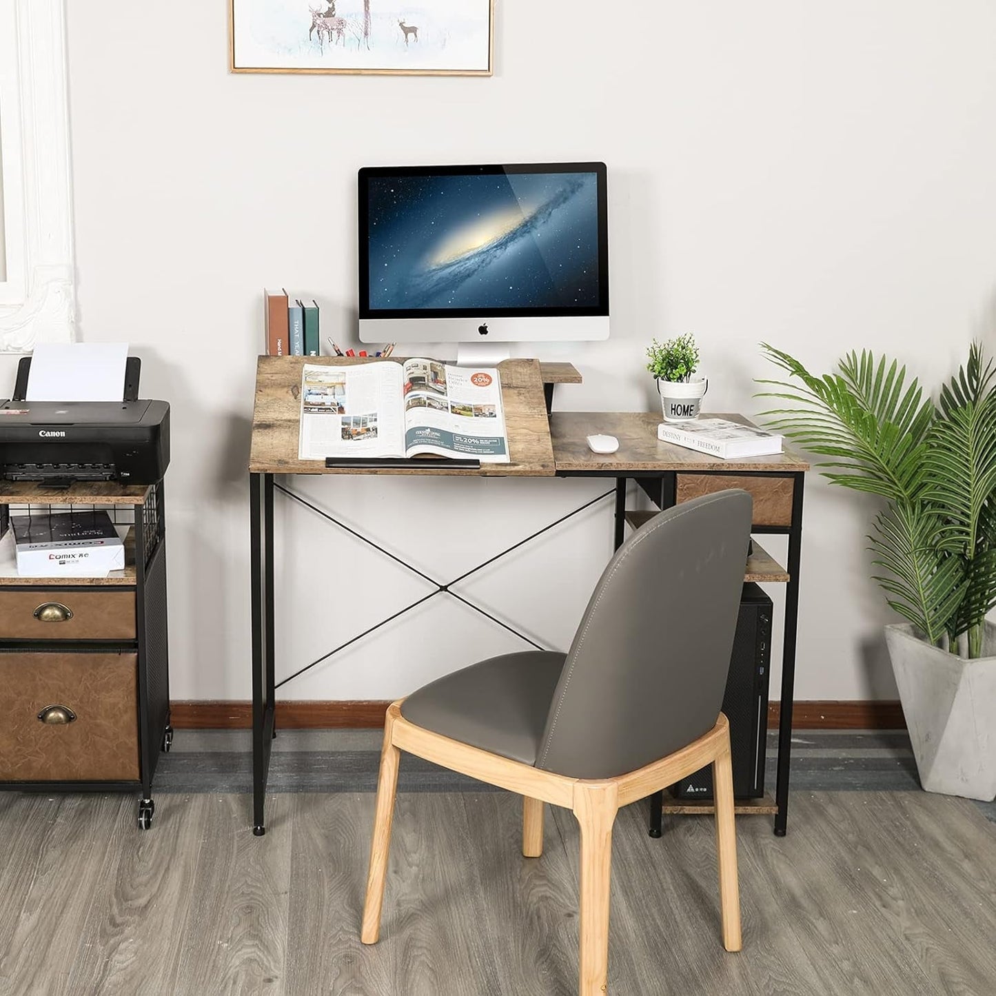 Adjustable Drafting Table with Storage Shelves and Drawer