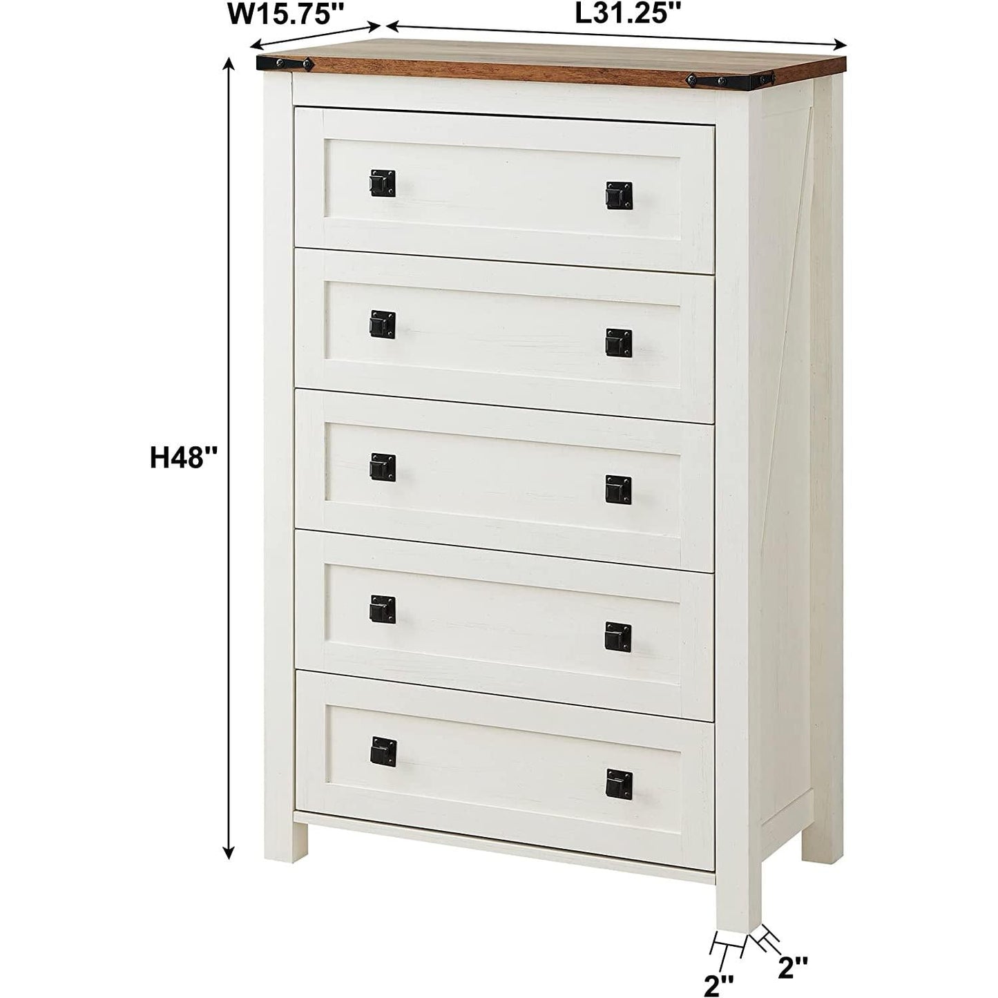 Antique White Rustic 5 Drawer Dresser For Bedroom Storage