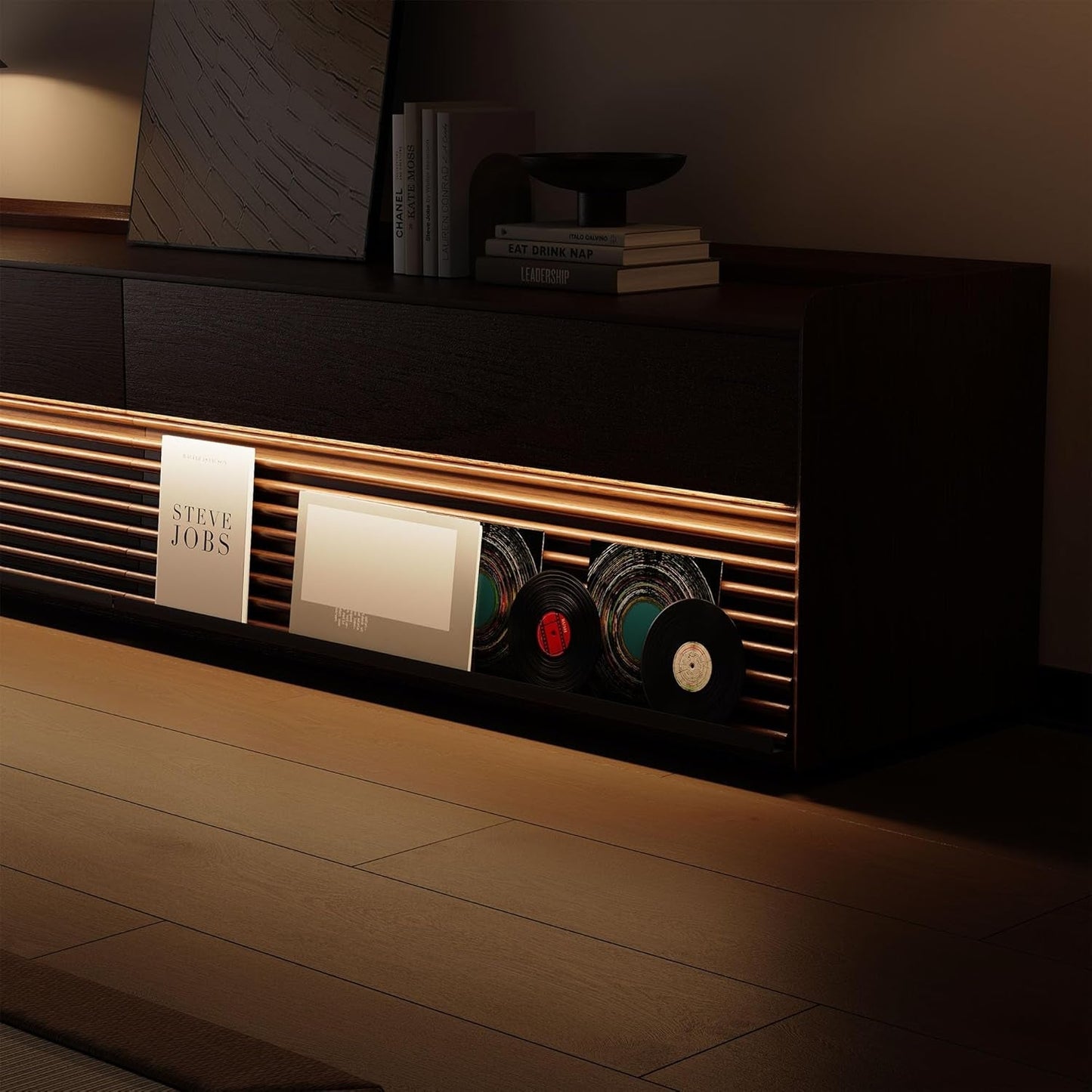 Walnut 78 Inch Mid Century Modern TV Stand With LED Storage