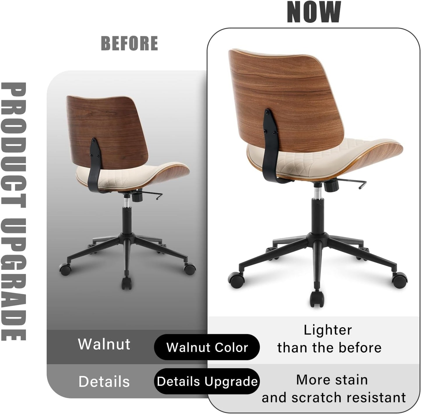 Armless Office Chair With Wheels Beige PU Leather Ergonomic