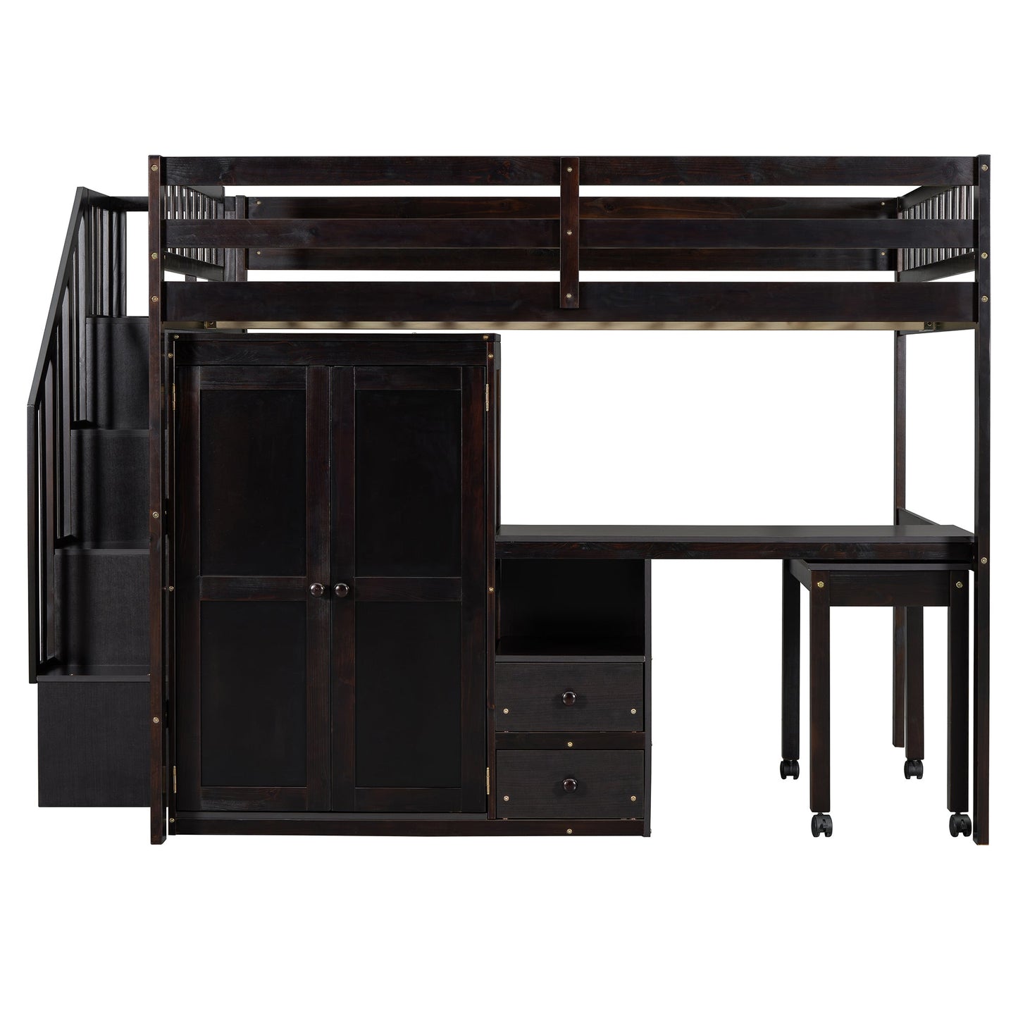 Full Size Loft Bed with Stairs, Bookshelf, Drawers, Desk & Wardrobe – Space-Saving Multifunctional Furniture for Kids & Teens-Espresso