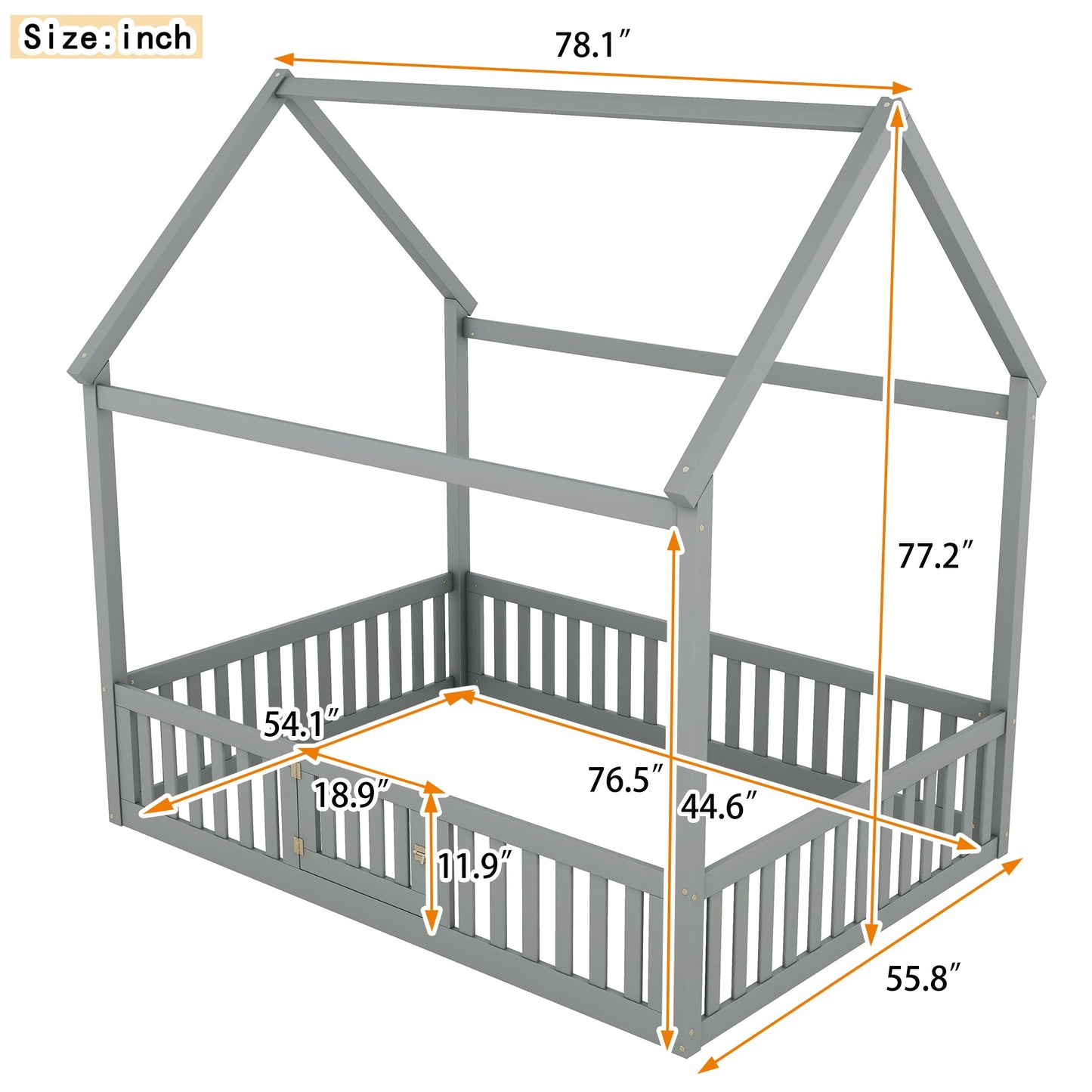 Full Size Wood House Bed with Fence and Door