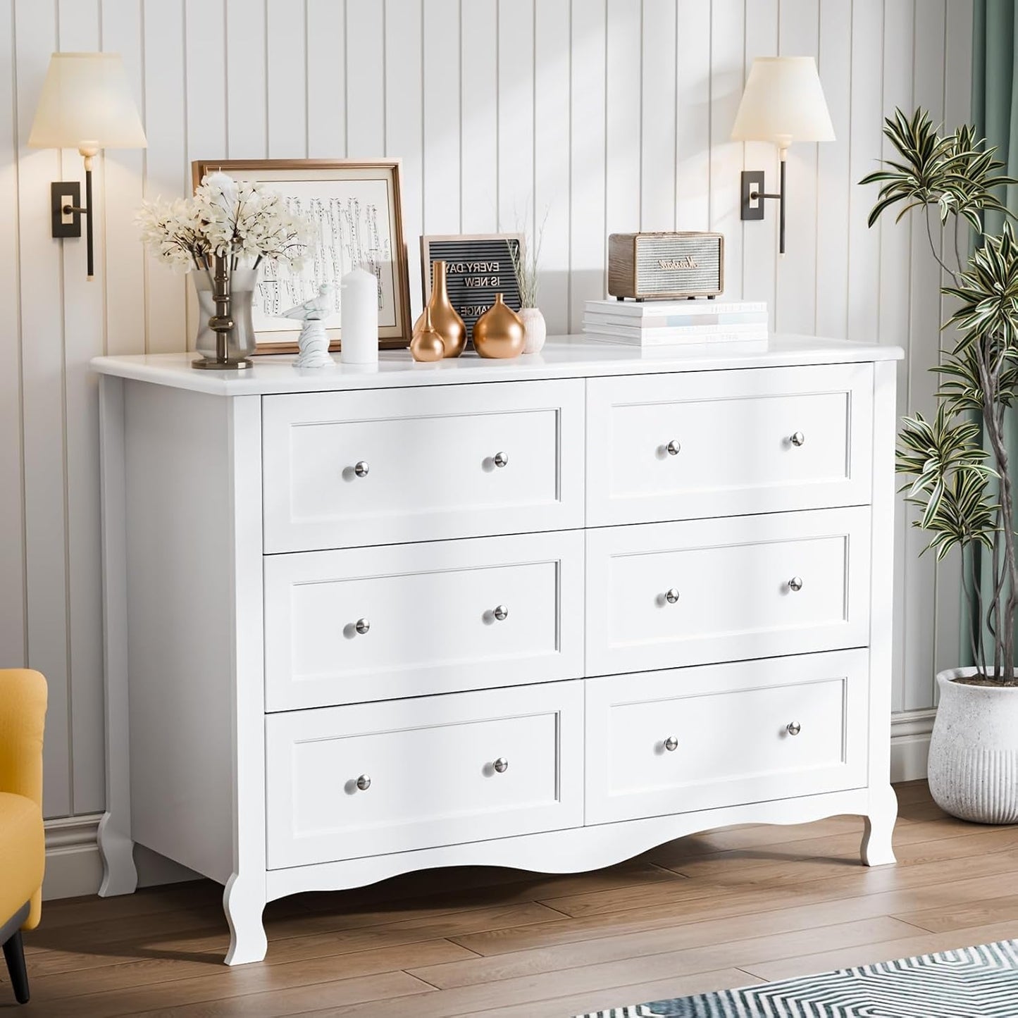 White Six Drawer Dresser Grooved Front ContouredProfile