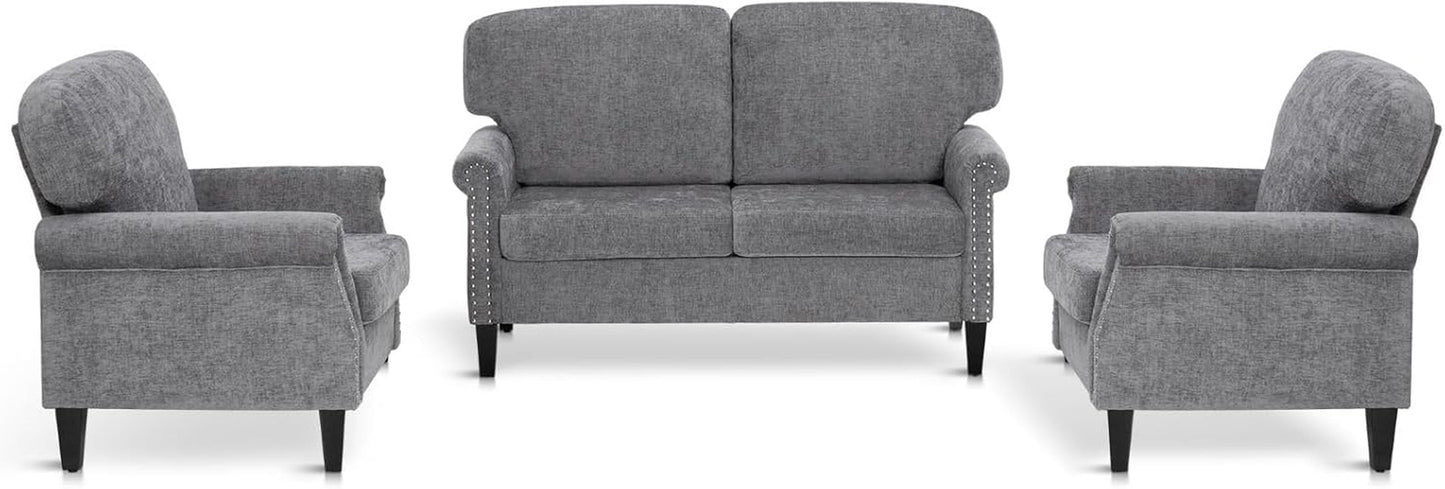 3 Piece Living Room Furniture Set Grey Linen Fabric Loveseat And Two Accent Chairs