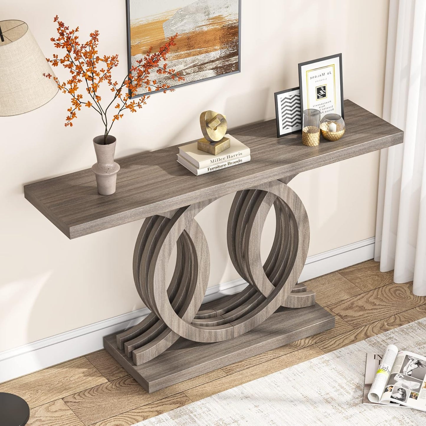 55” Farmhouse Console Table with Geometric Wooden Base