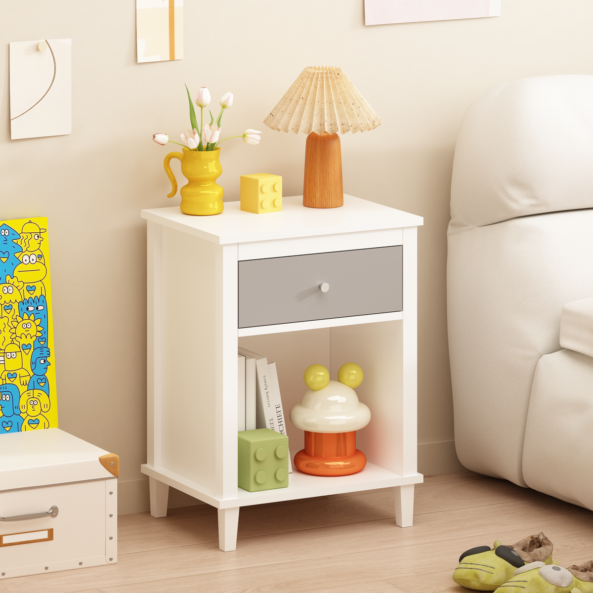 26.77"H Wooden Nightstand with One Drawer One Shelf for Kids & Adults
