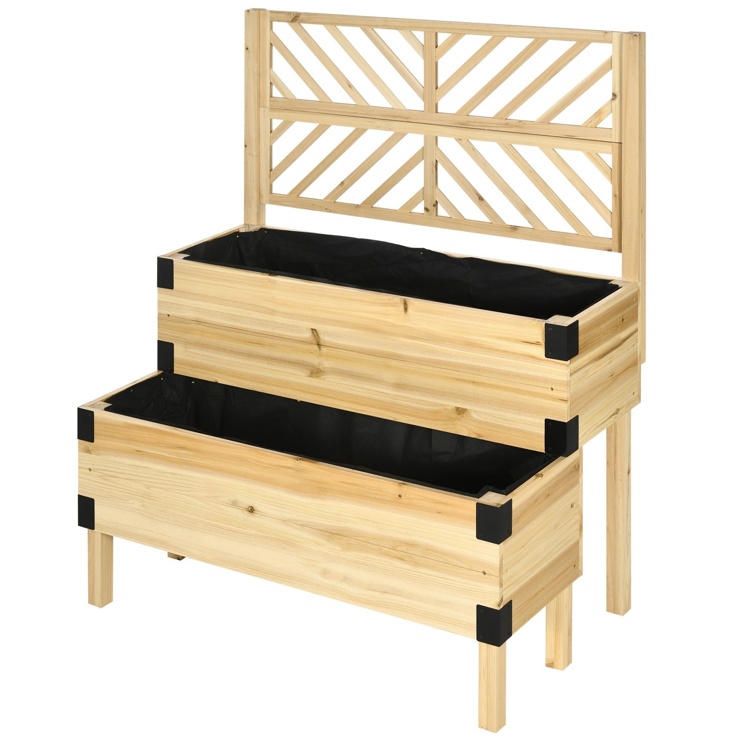Outsunny Raised Garden Bed with Trellis, 2 Tier Wooden Elevated Planter Box with Legs and Metal Corners for Vegetables, Flowers, Herbs, Natural