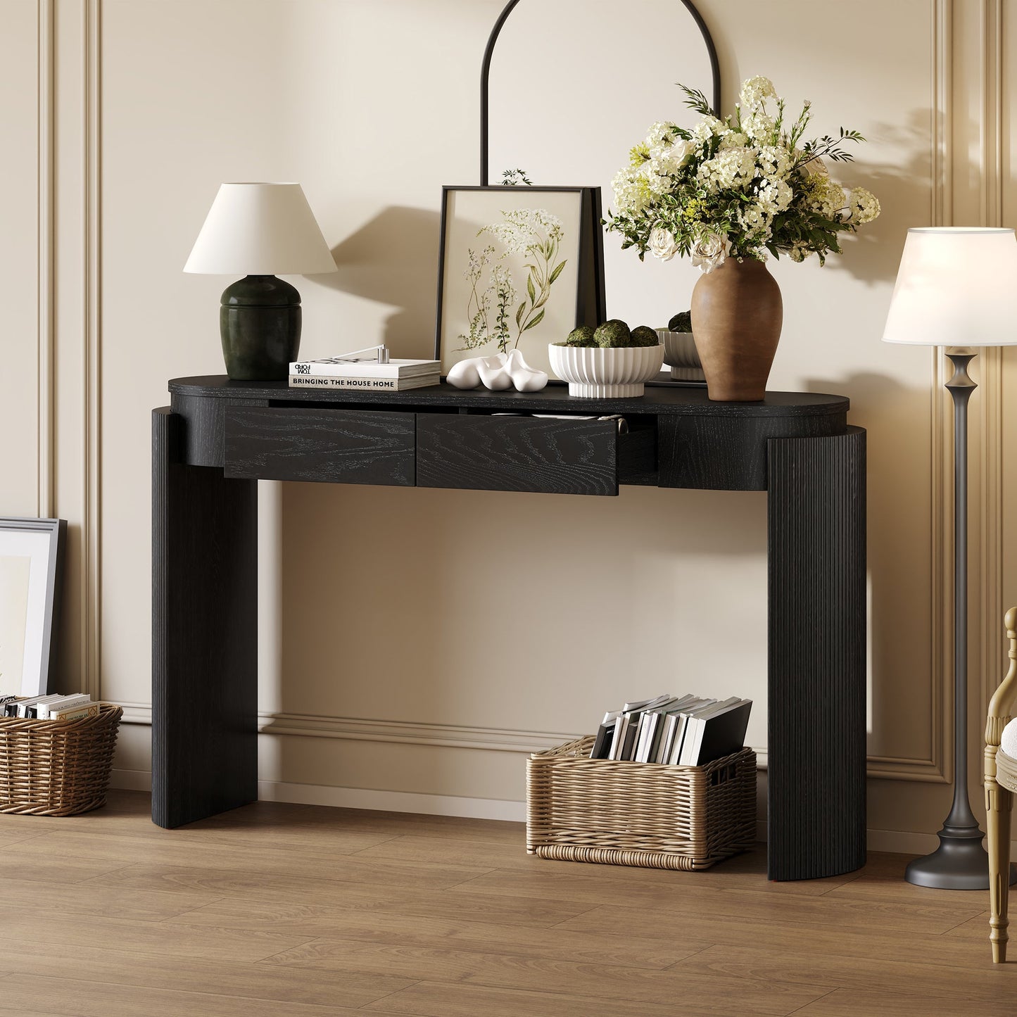TREXM Entryway Table with Natural Wood Grain Finish, Console Table with Fluted Design, Oval Top and 2 Drawers for Entryway and Living Room (Black)