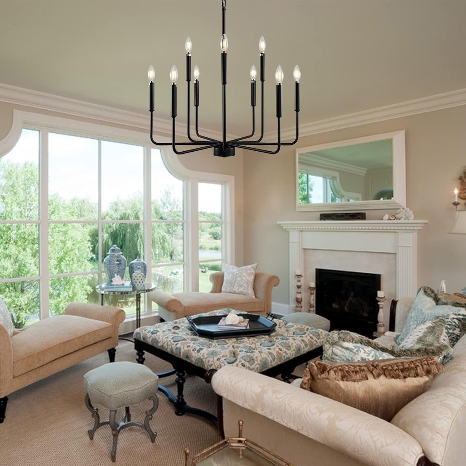 Black Farmhouse Chandelier 9 Light Dining Room Rustic in elegantly decorated living room setting.