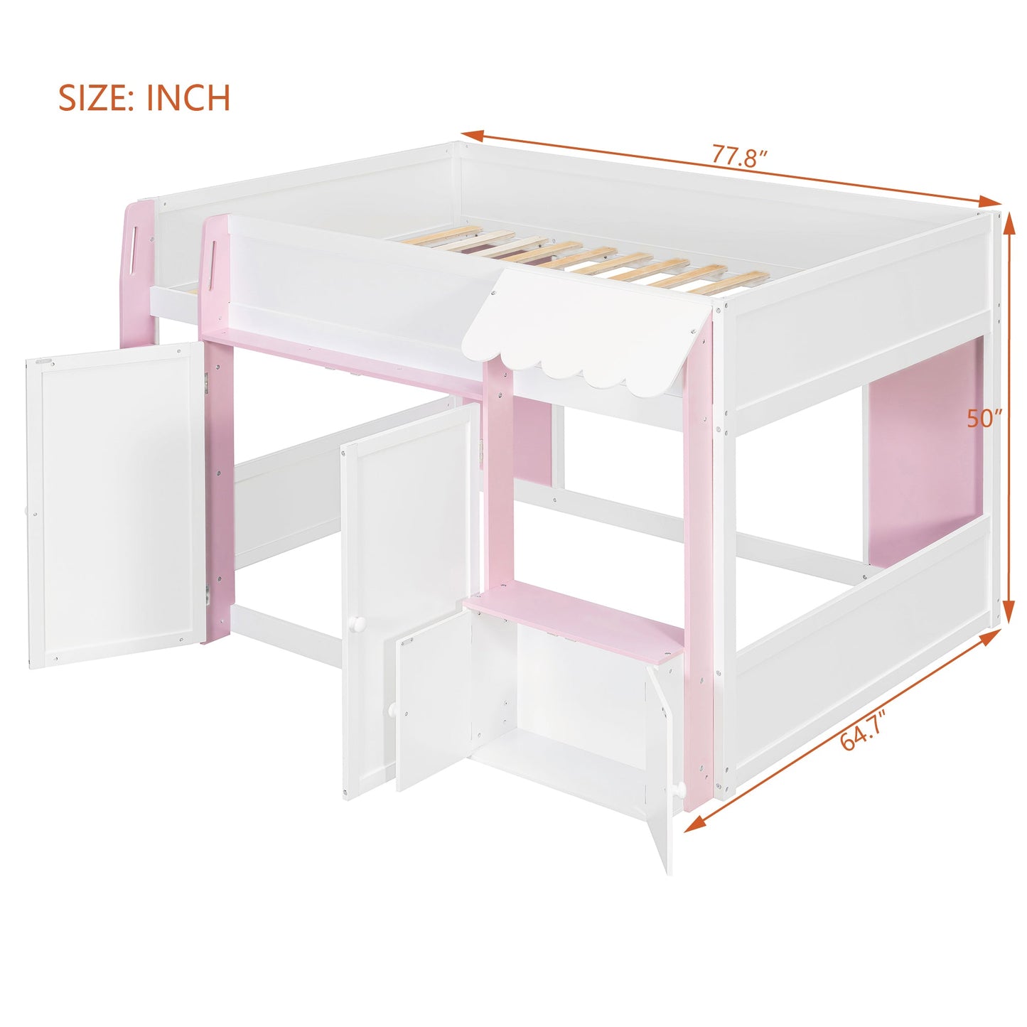 Full Loft House Bed with Playhouse & Storage, Modern Wood Cabin Bed for Kids/Teens, White+Pink