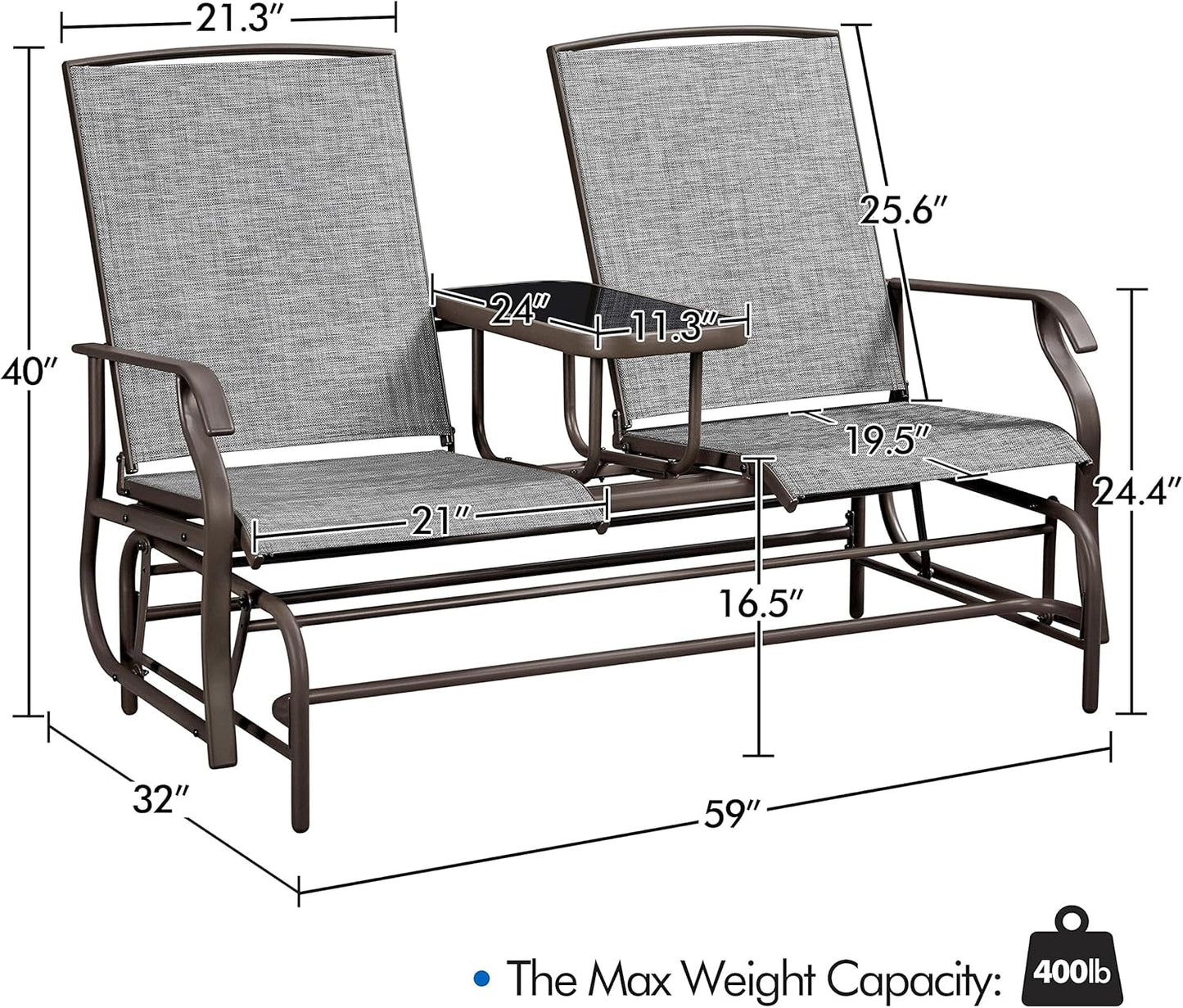 Two-Seat Outdoor Glider Bench with Center Table
