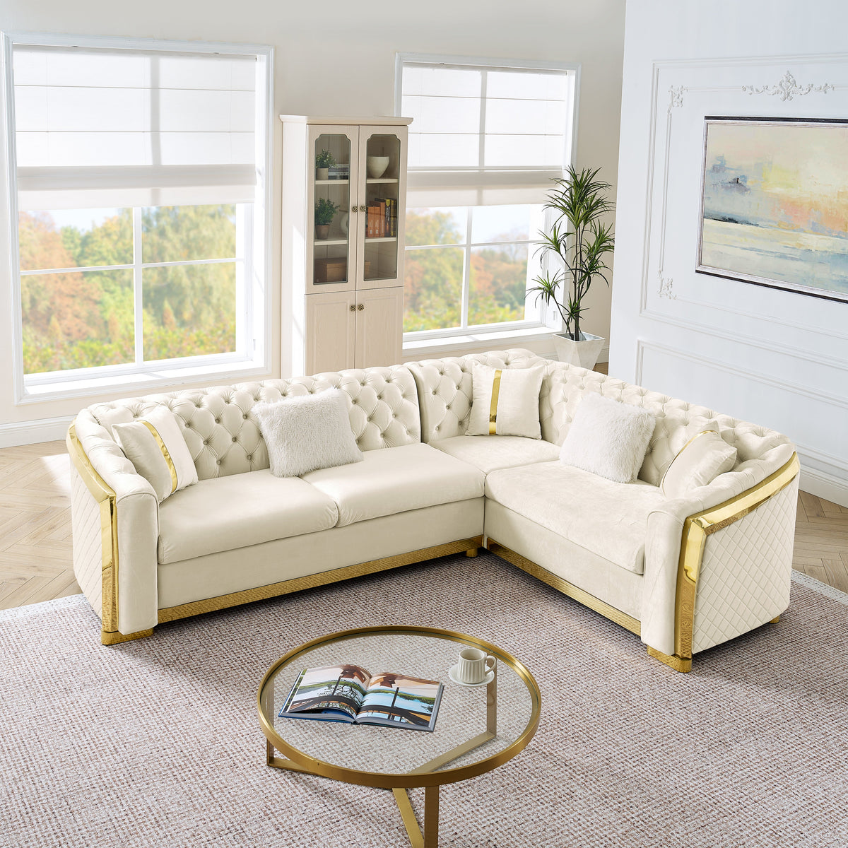 106 Inches L-Shaped Chesterfield Sectional Sofa Set