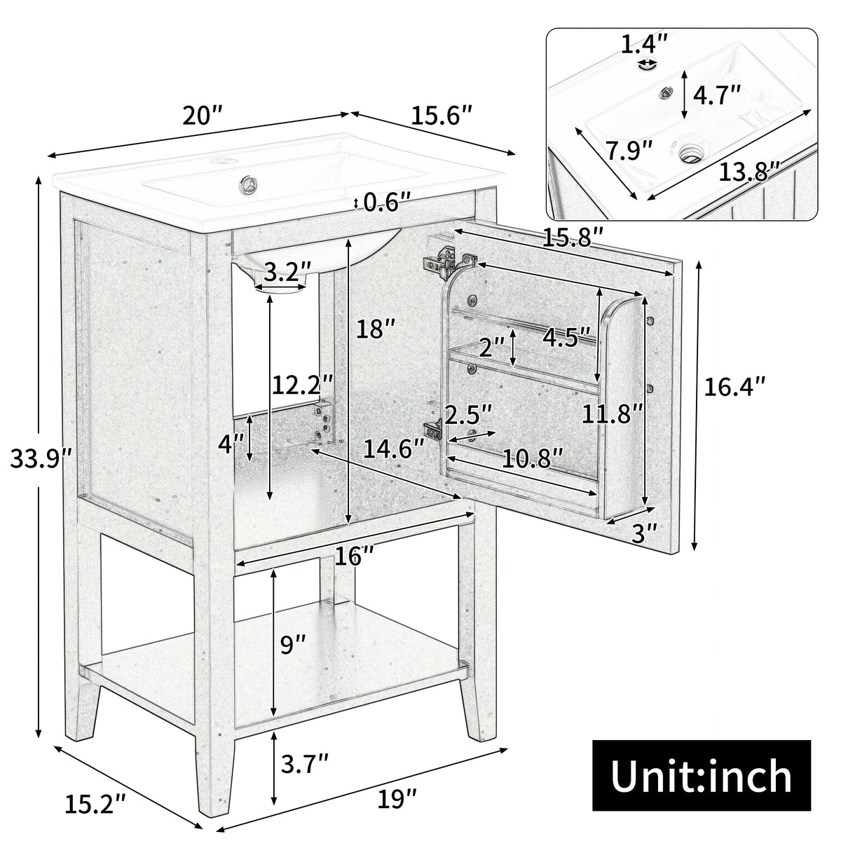 20" Bathroom Vanity with Sink - Black Cabinet