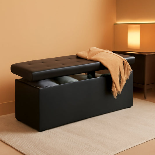 Memory Foam Folding Chest Ottoman Bench 45 Inch Black Faux Leather Storage