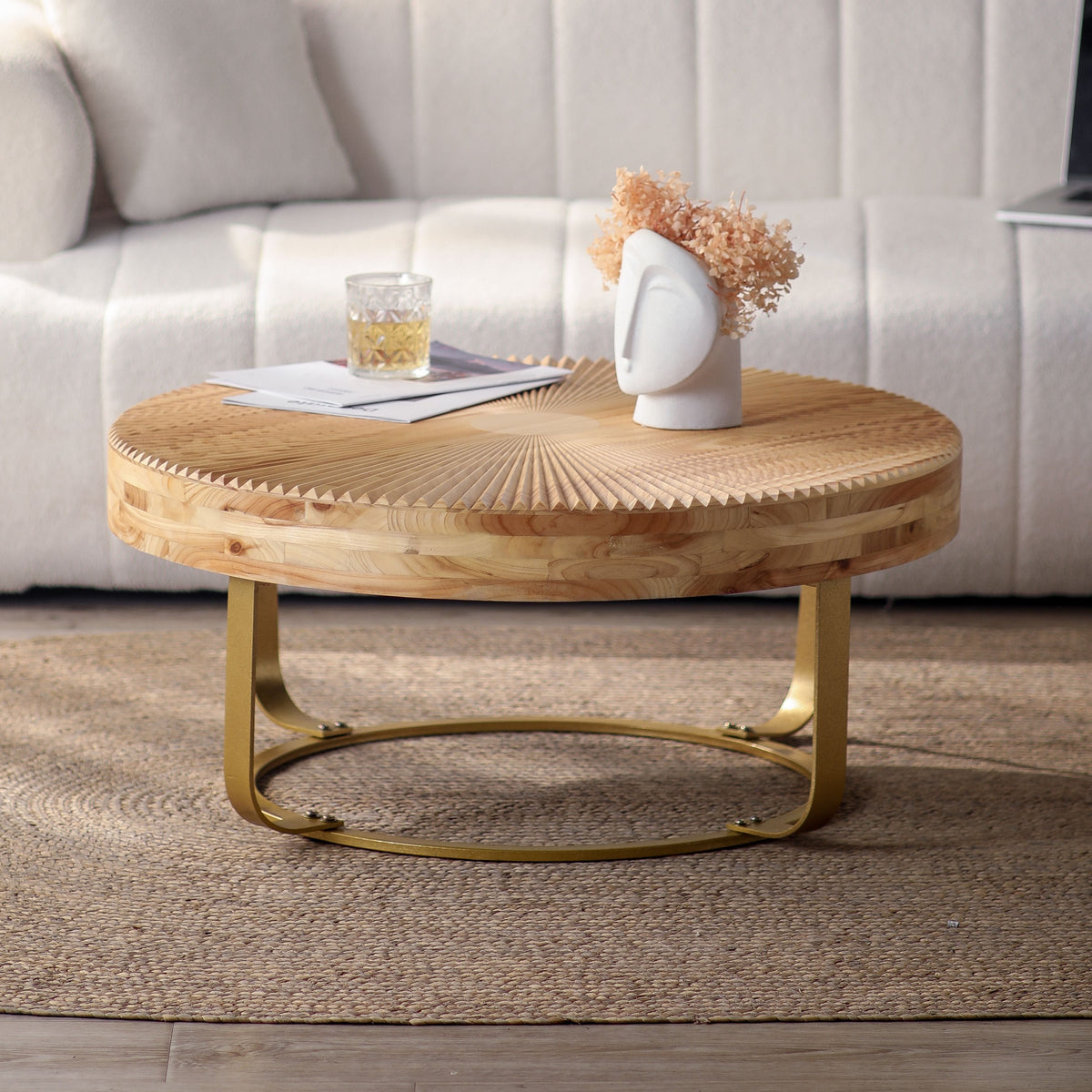 Modern Round Coffee Table with Wooden Carving Pattern