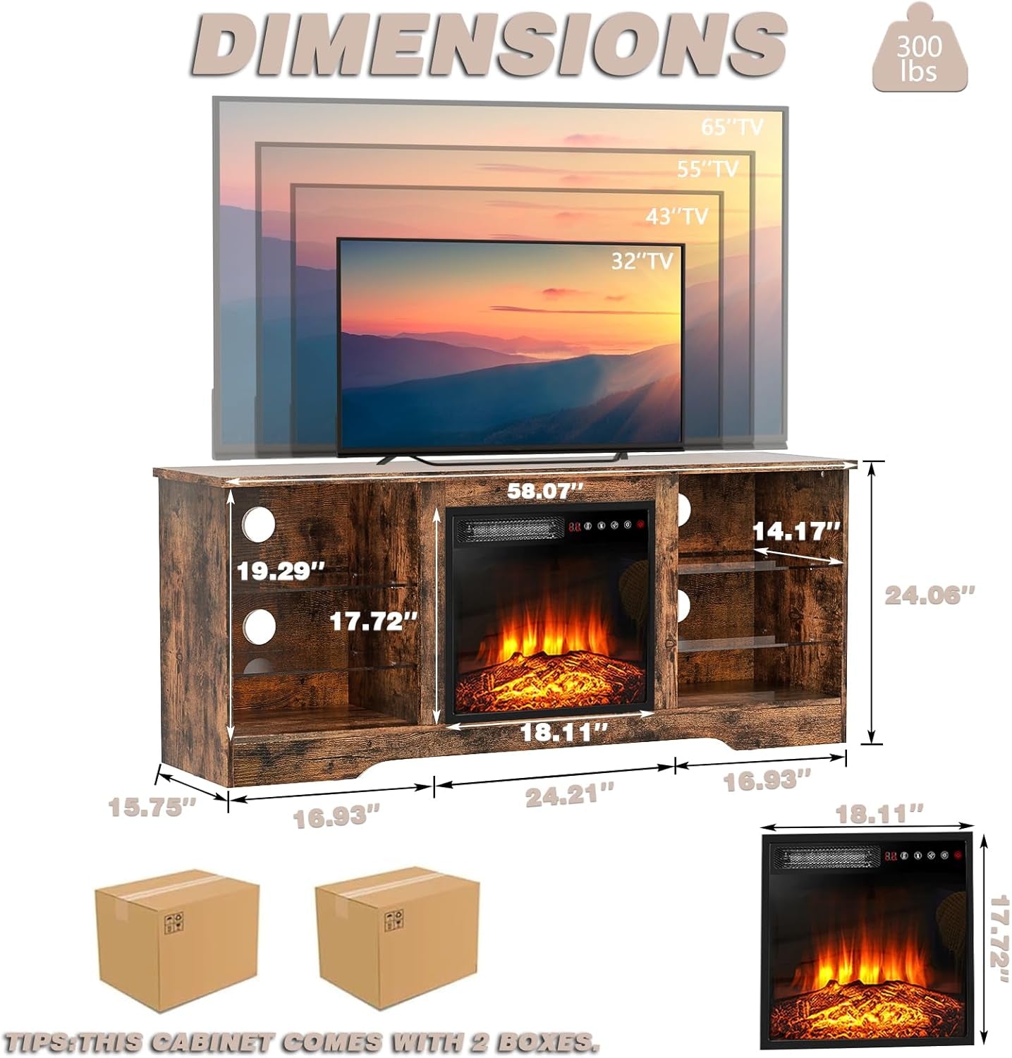 58 Inch Electric Fireplace TV Stand For 65 Inch Televisions