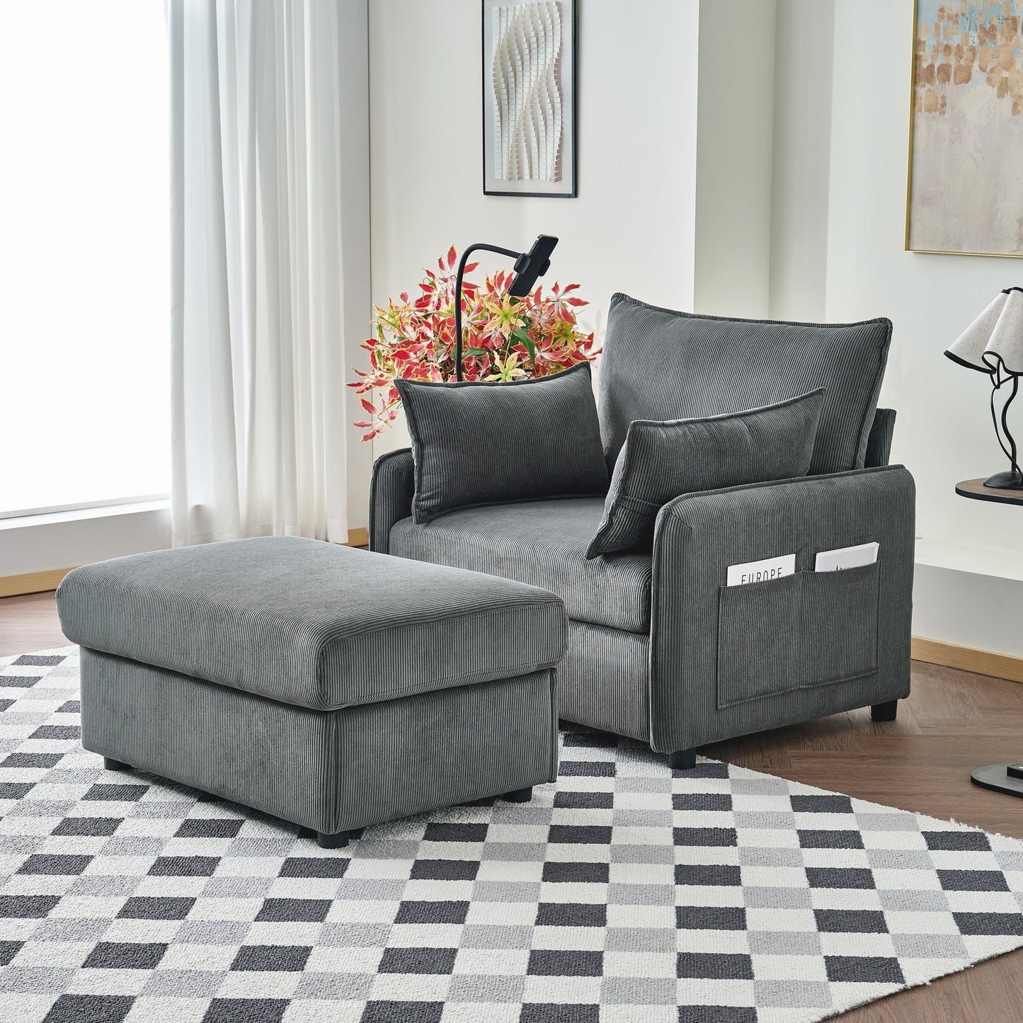 Comfy Corduroy Oversized Chaise Lounge Chair with Ottoman and Storage