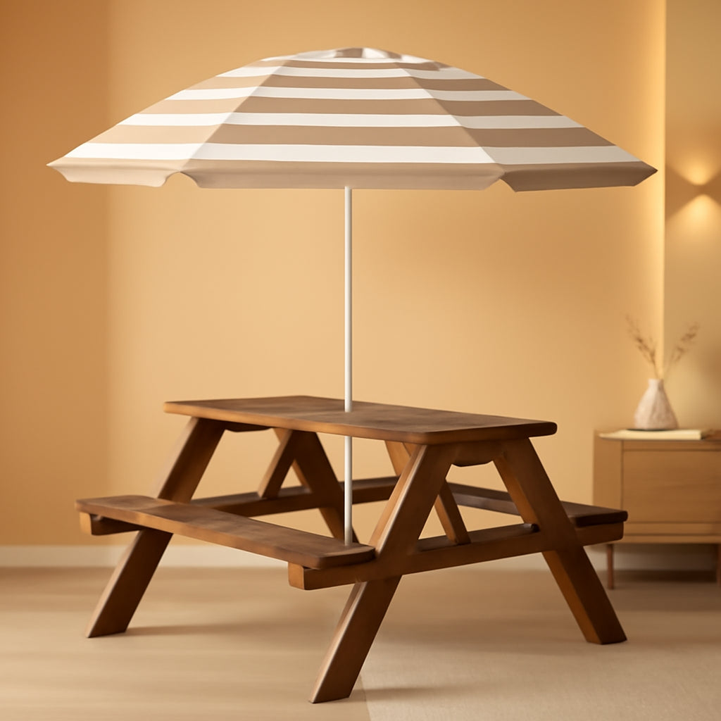 Walnut Wooden Kids Picnic Table With Adjustable Umbrella