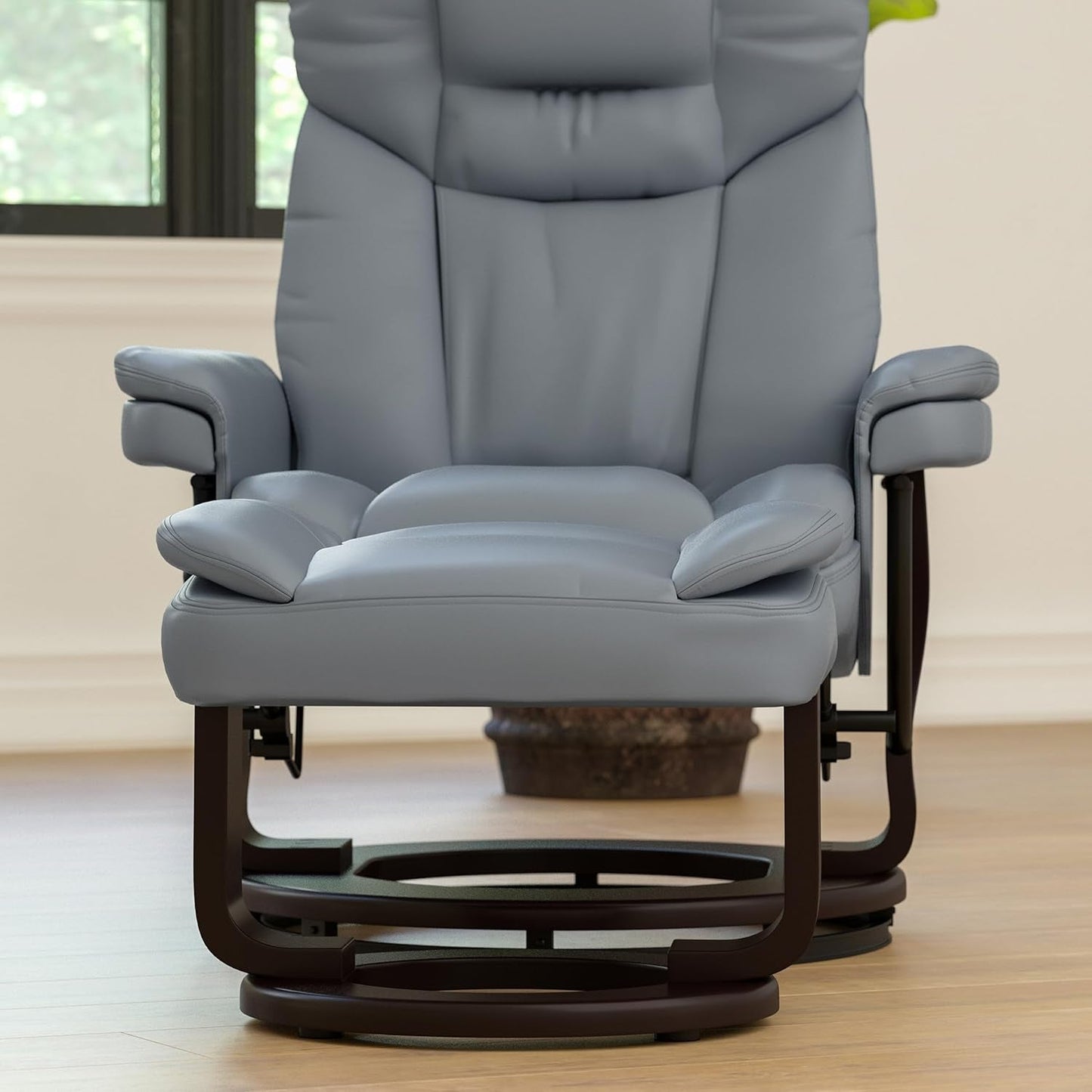 Gray Recliner With Swivel Mahogany Base And Ottoman