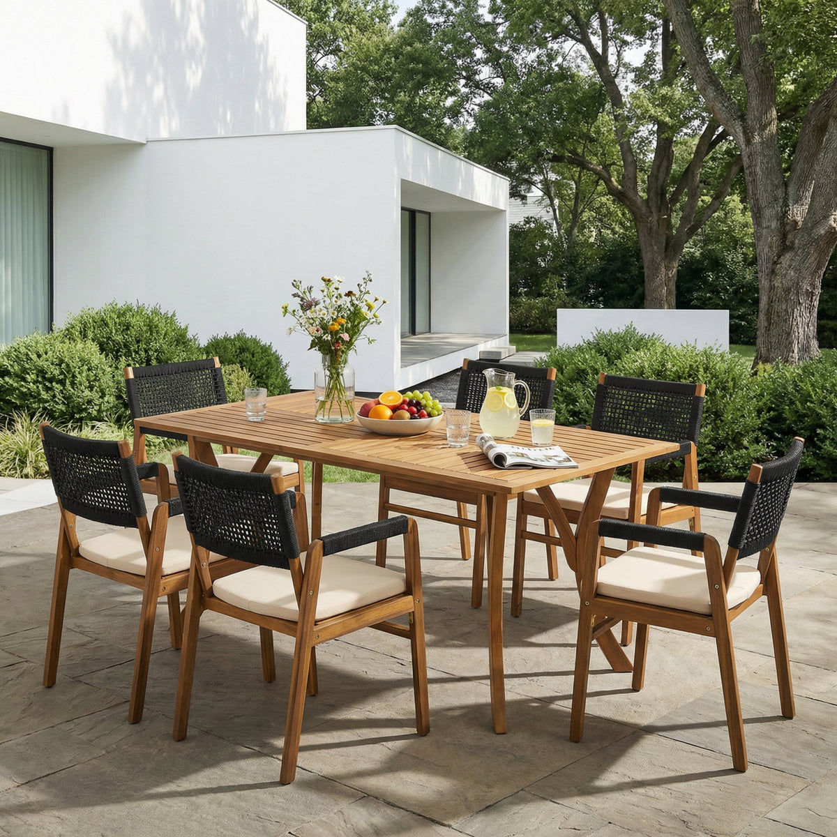 Outdoor 7 Pieces Rustic Patio Acacia Expandable Dining Set