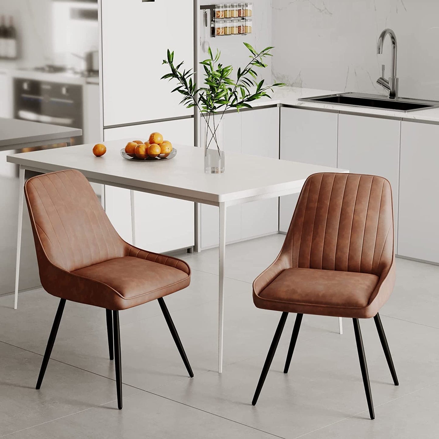 Two Brown Faux Leather Mid Century Modern Dining Chairs