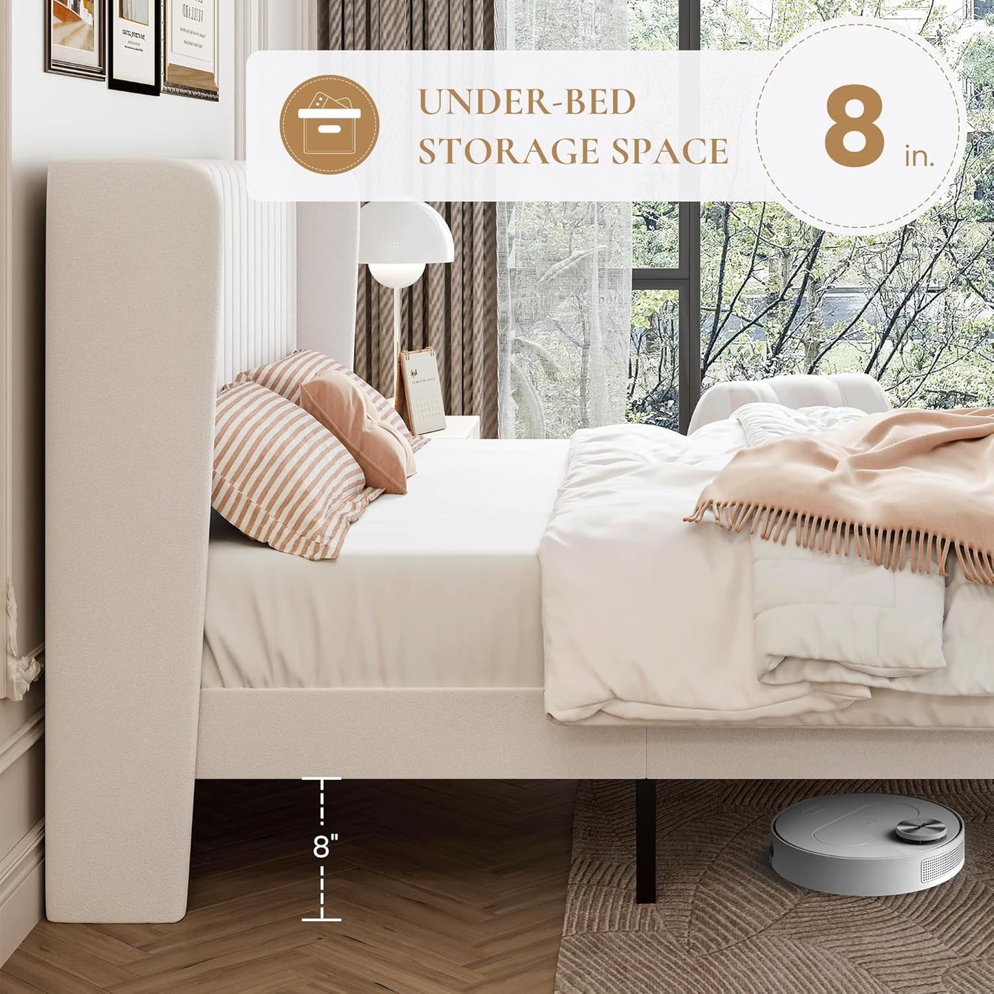Velvet Upholstered Full Bed Frame With Wingback Headboard