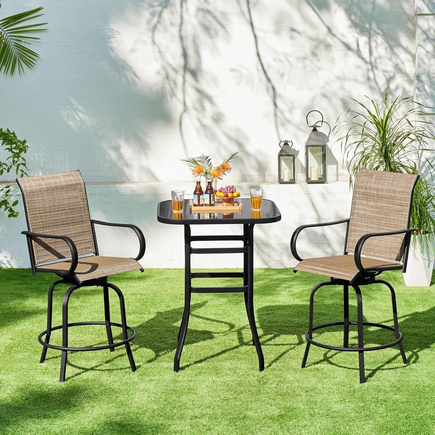 Outdoor Swivel Barstools Set of Four around a modern table in a sunny garden setting with drinks.