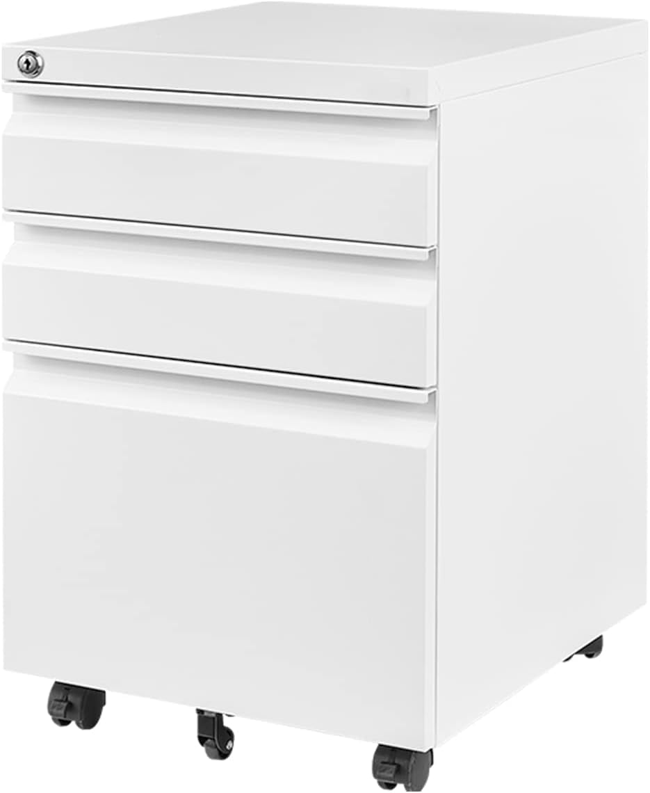 Three Drawer Mobile File Cabinet Under Desk White With Locking System For Legal Letter A4 Files
