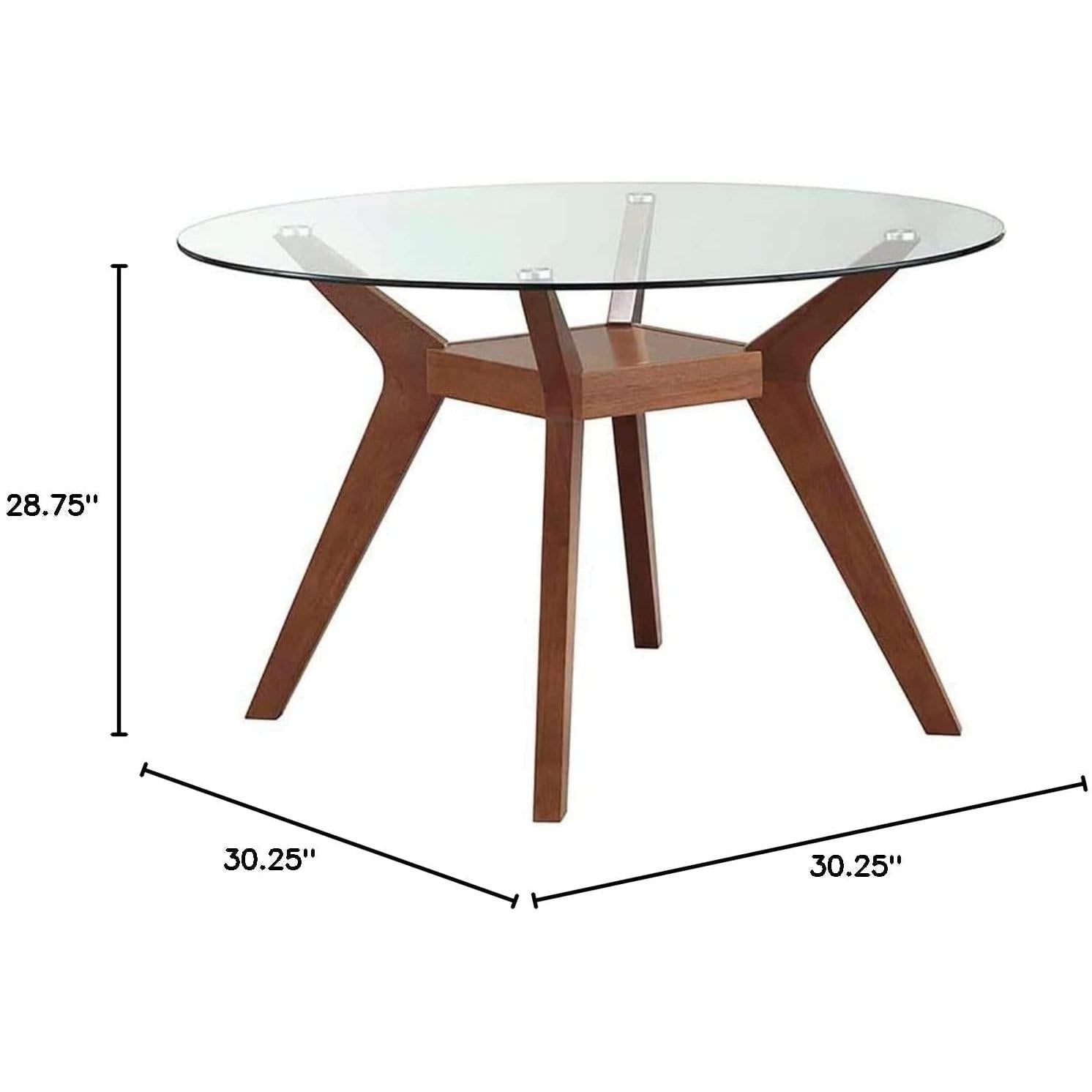 Paxton Mid Century Modern Dining Table Base Nutmeg Finish with round glass top and angular legs, dimensions 28.75' height, 30.25' width.
