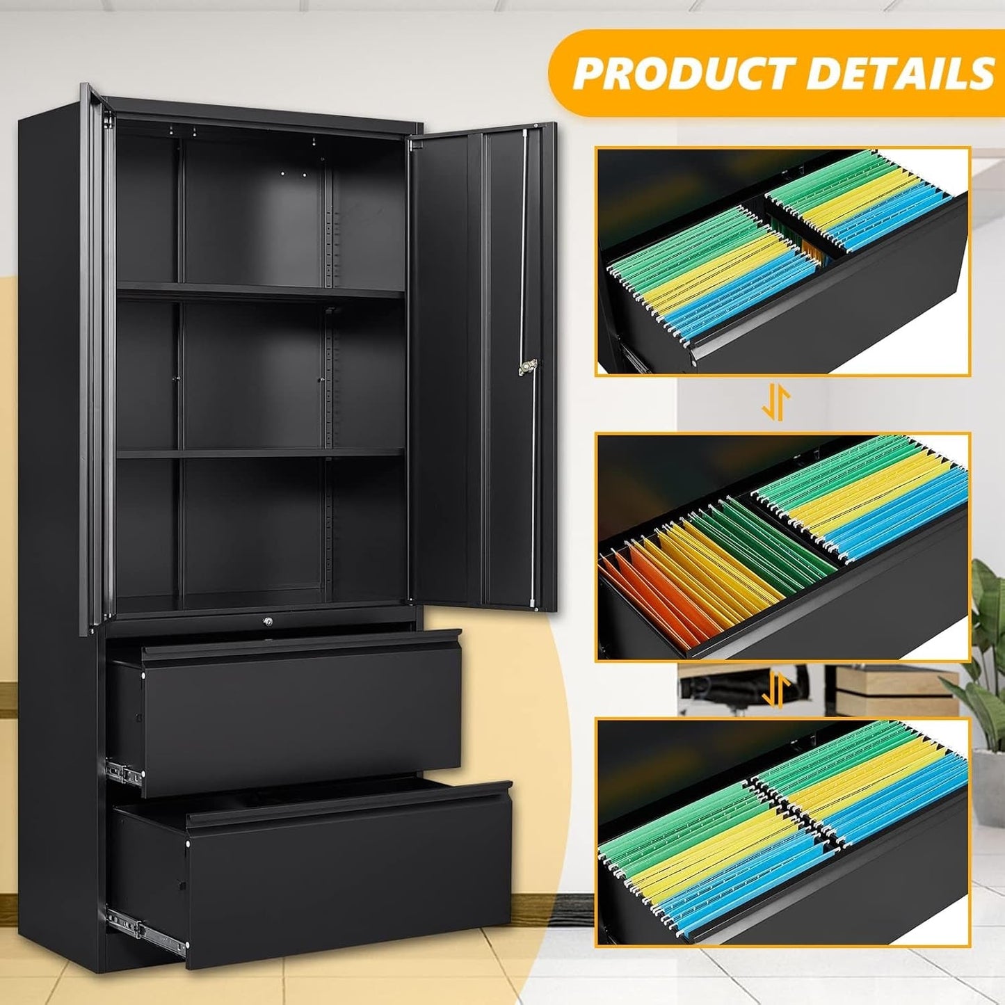 Two Drawer Lateral File Cabinet Locking Metal Storage Cabinet Black For Letter And Legal Files