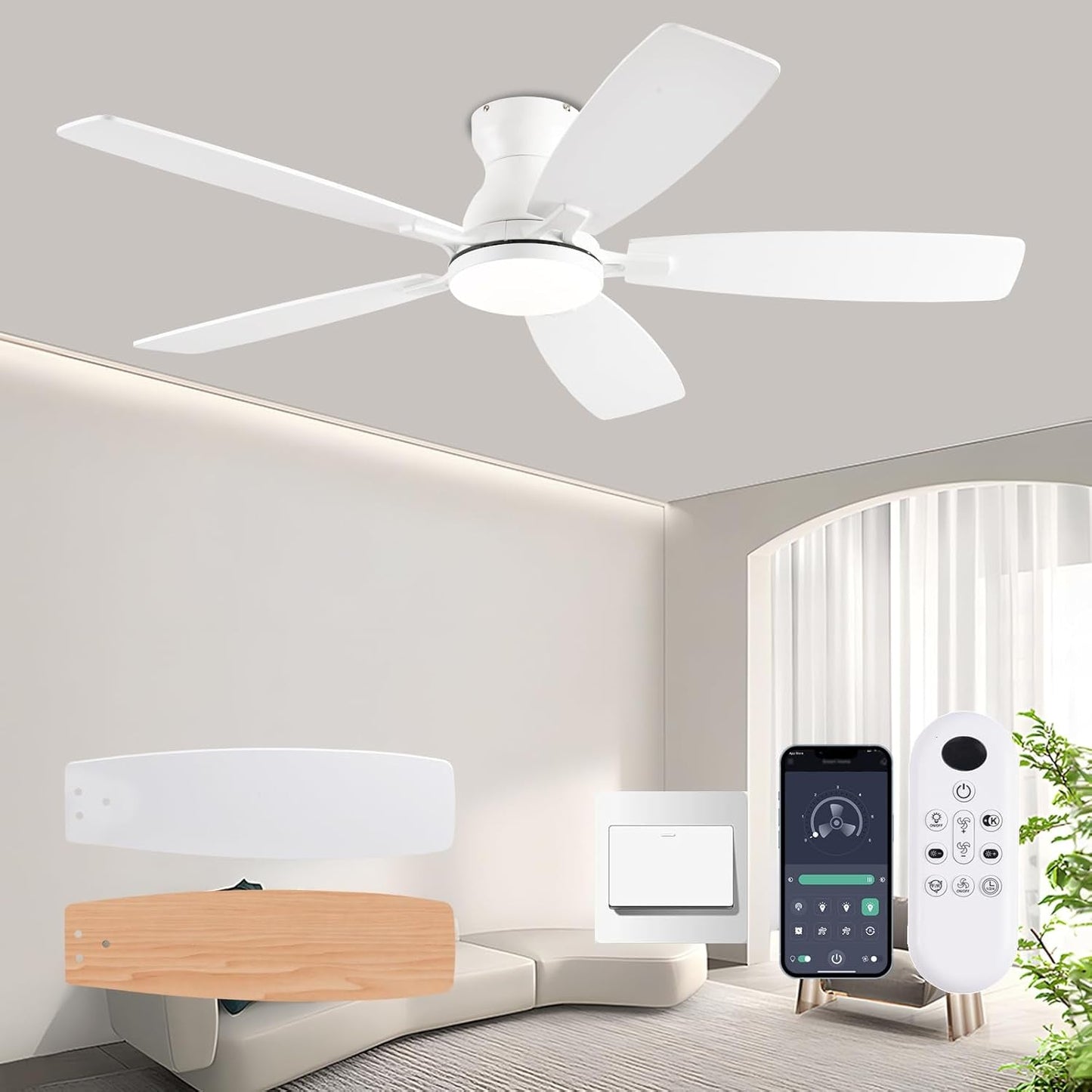 White 52 Inch Ceiling Fan With Remote And LED Lights