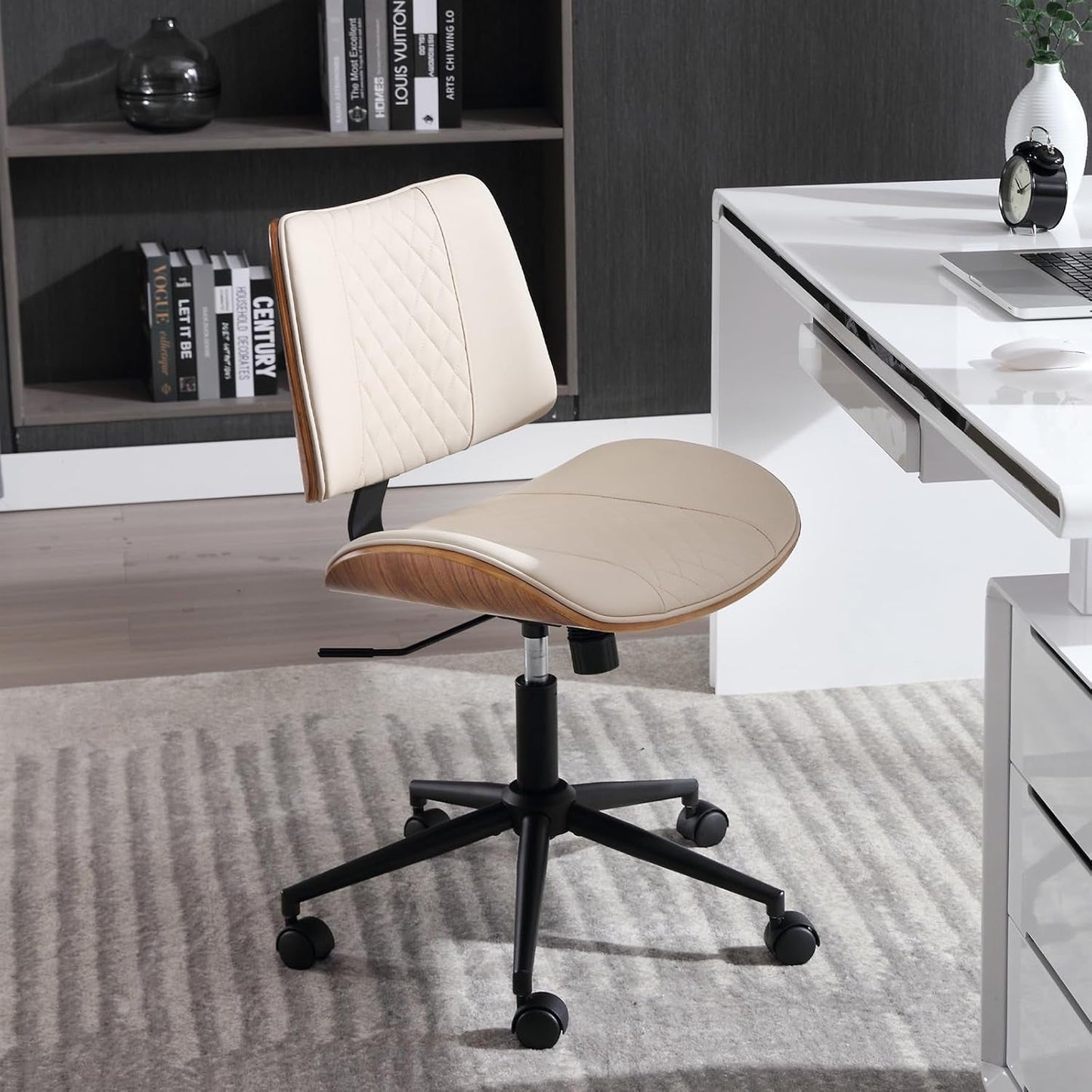 Armless Office Chair With Wheels Beige PU Leather Ergonomic