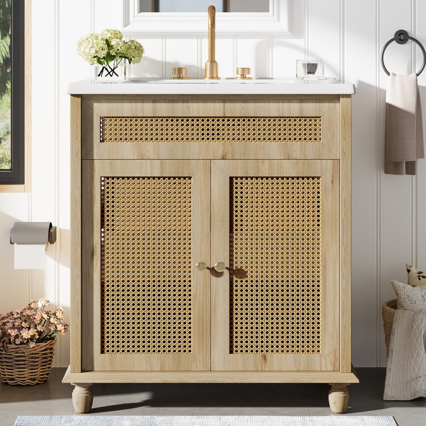 30-Inch Bathroom Vanity: Handwoven Rattan Doors, Solid Wood Legs & Resin Basin