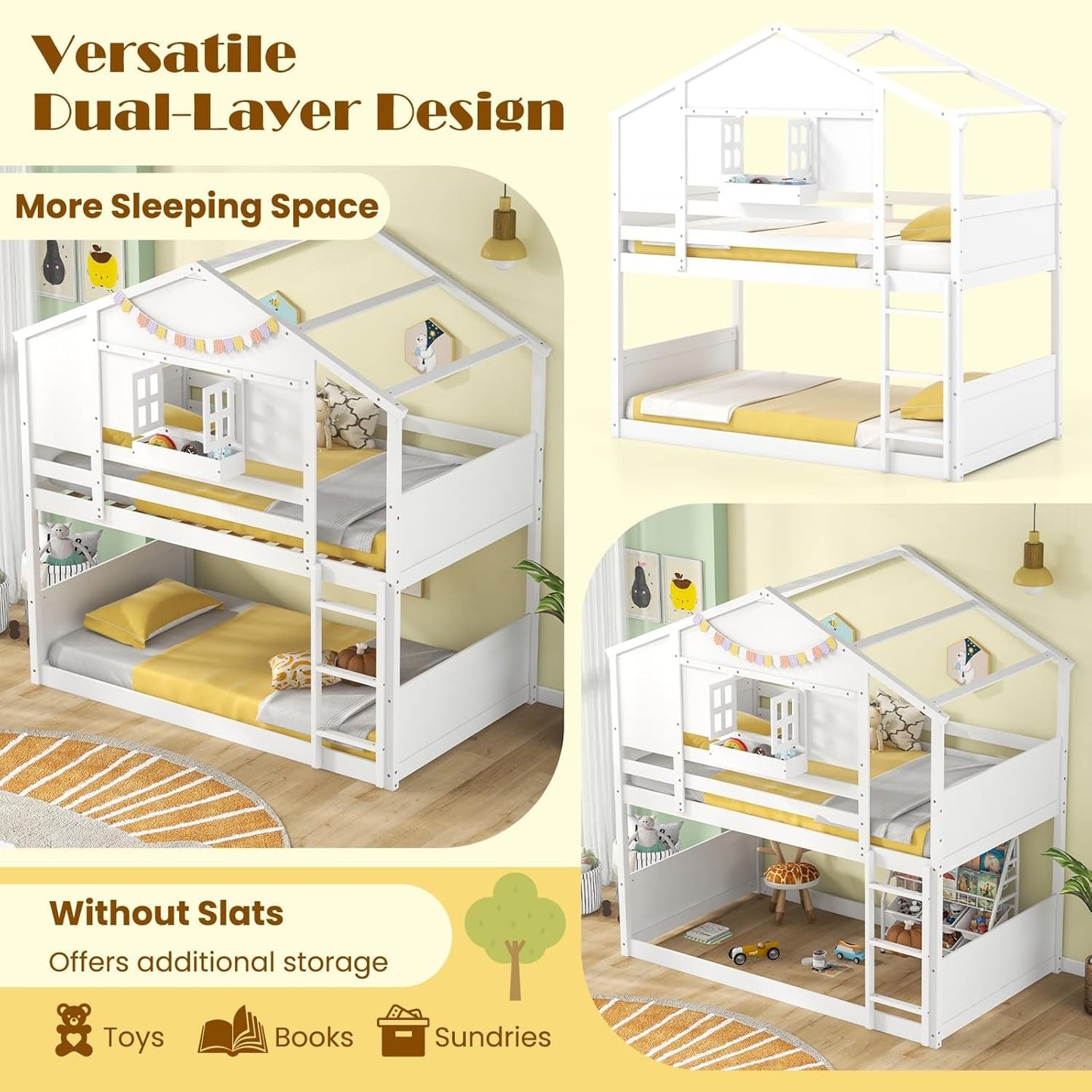 Twin Over Twin White Wood House Bunk Bed For Kids Room