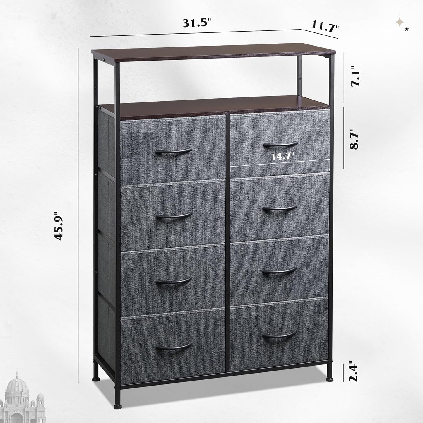 Charcoal Gray Fabric Dresser With Shelves And 8 Drawers