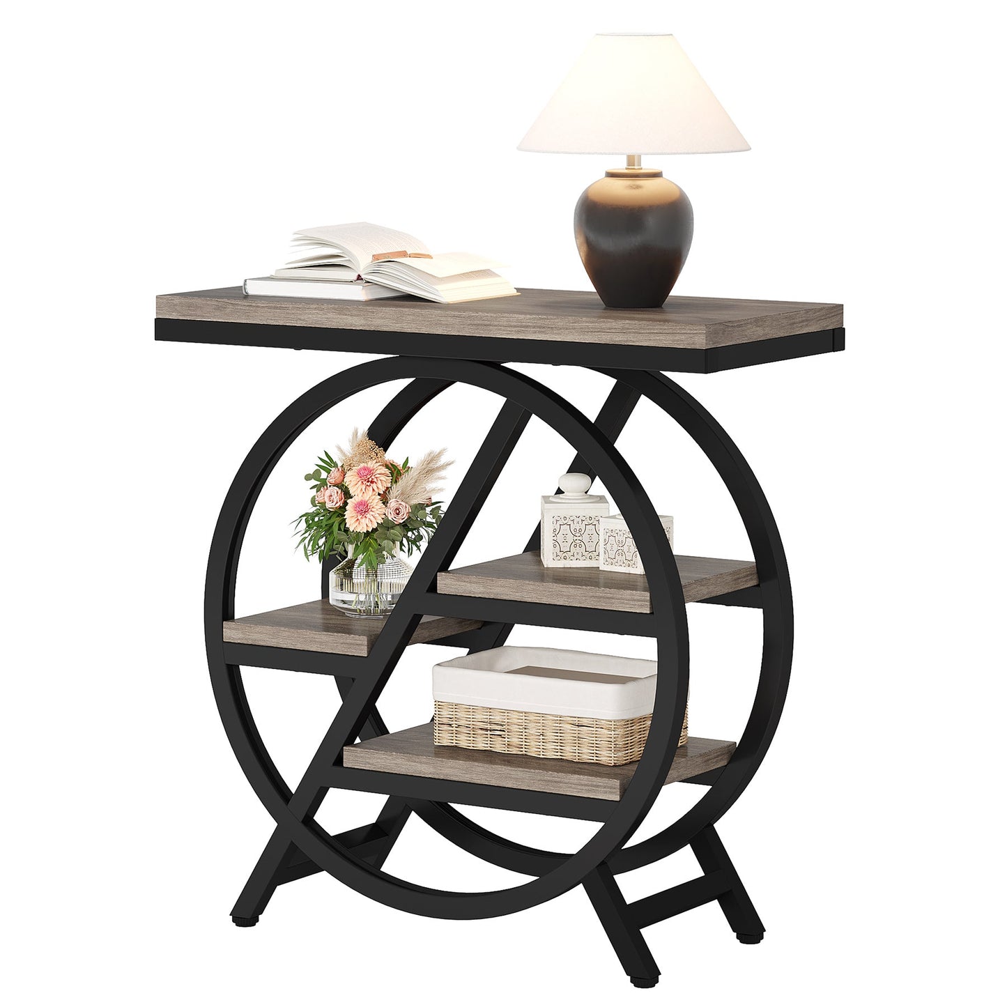 25.59" Industrial Narrow End Table with 3-Tier Storage Shelves