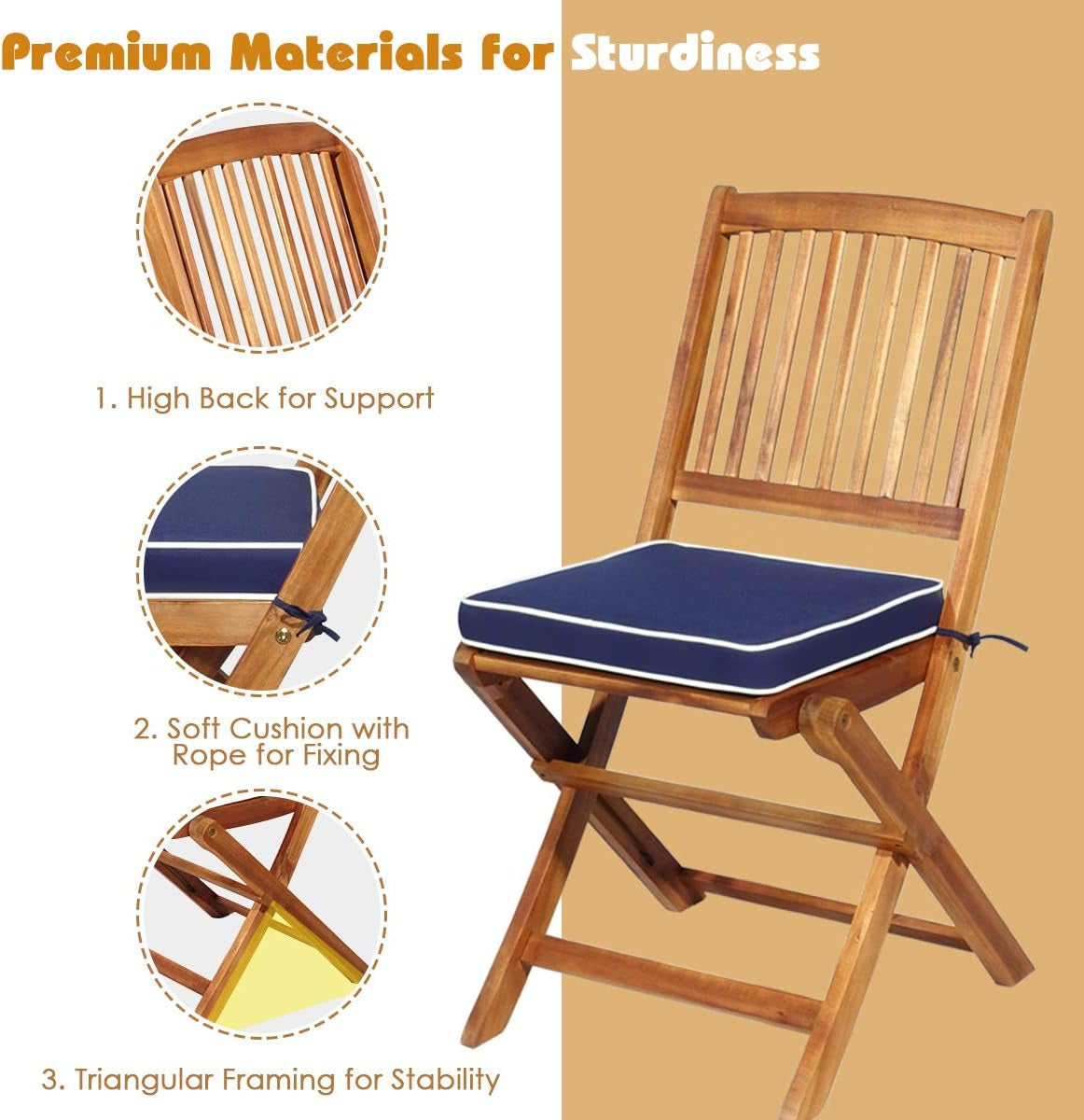 Patio Bistro Set With Wood Table And Navy Cushioned Chairs