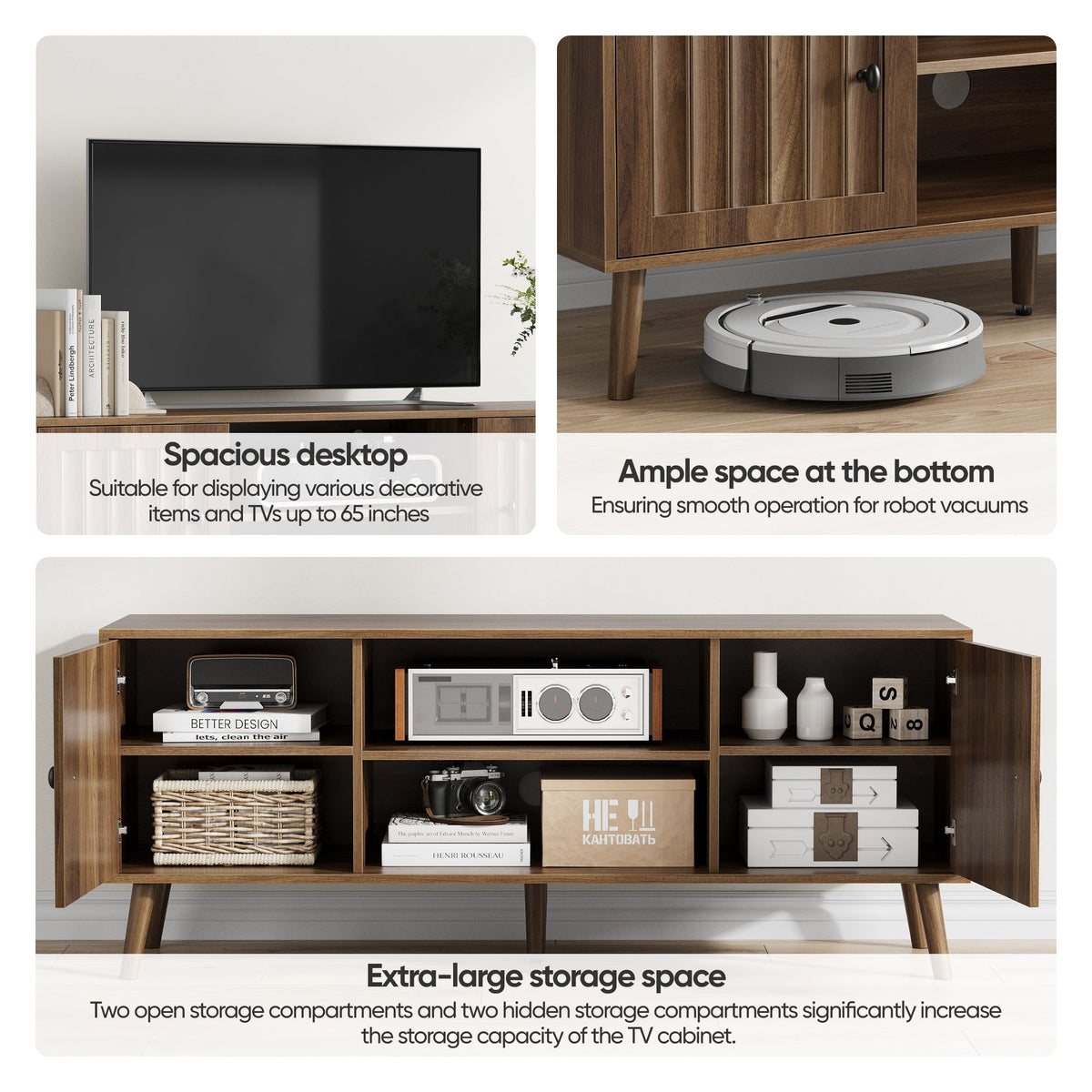 55-Inch Wooden TV Cabinet with 2 Vertical Groove Doors
