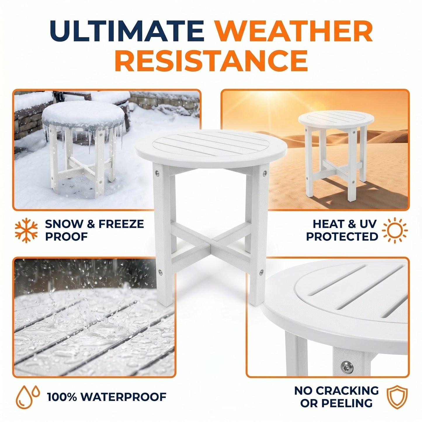 White HDPE Outdoor Side Table - 16 in. Round All-Weather Patio End Table