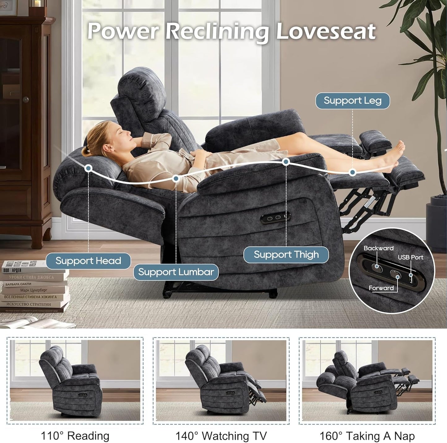 Grey Power Reclining Sofa With Zero Gravity USB Ports