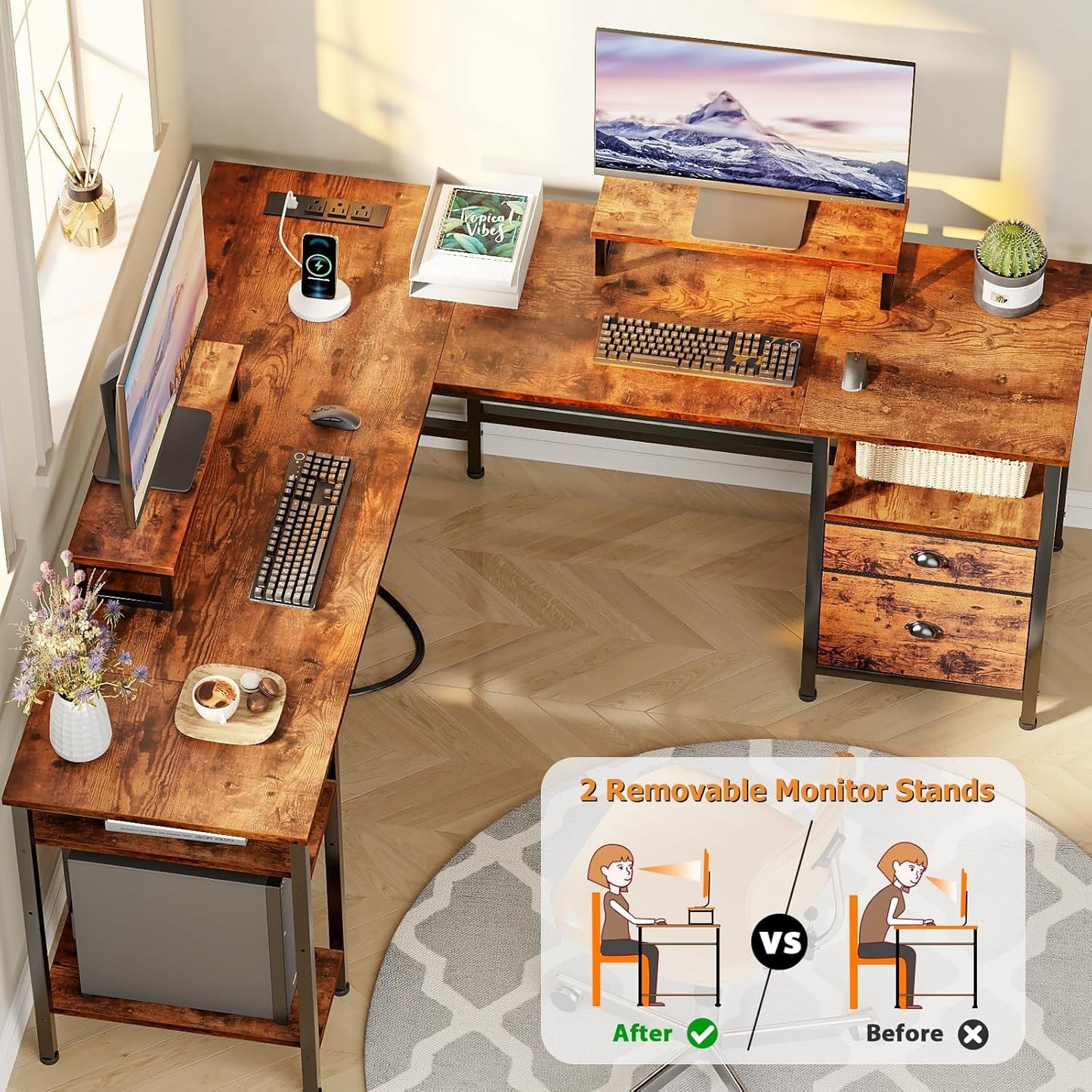 Industrial Grade Ultra Rustic Brown Fifty Nine Inch L Shaped Desk Power Outlet