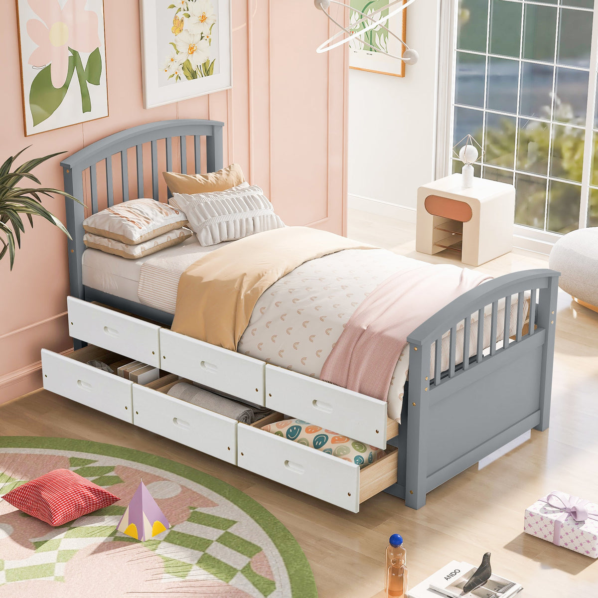Twin Size Platform Storage Bed with 6 Drawers, Grey