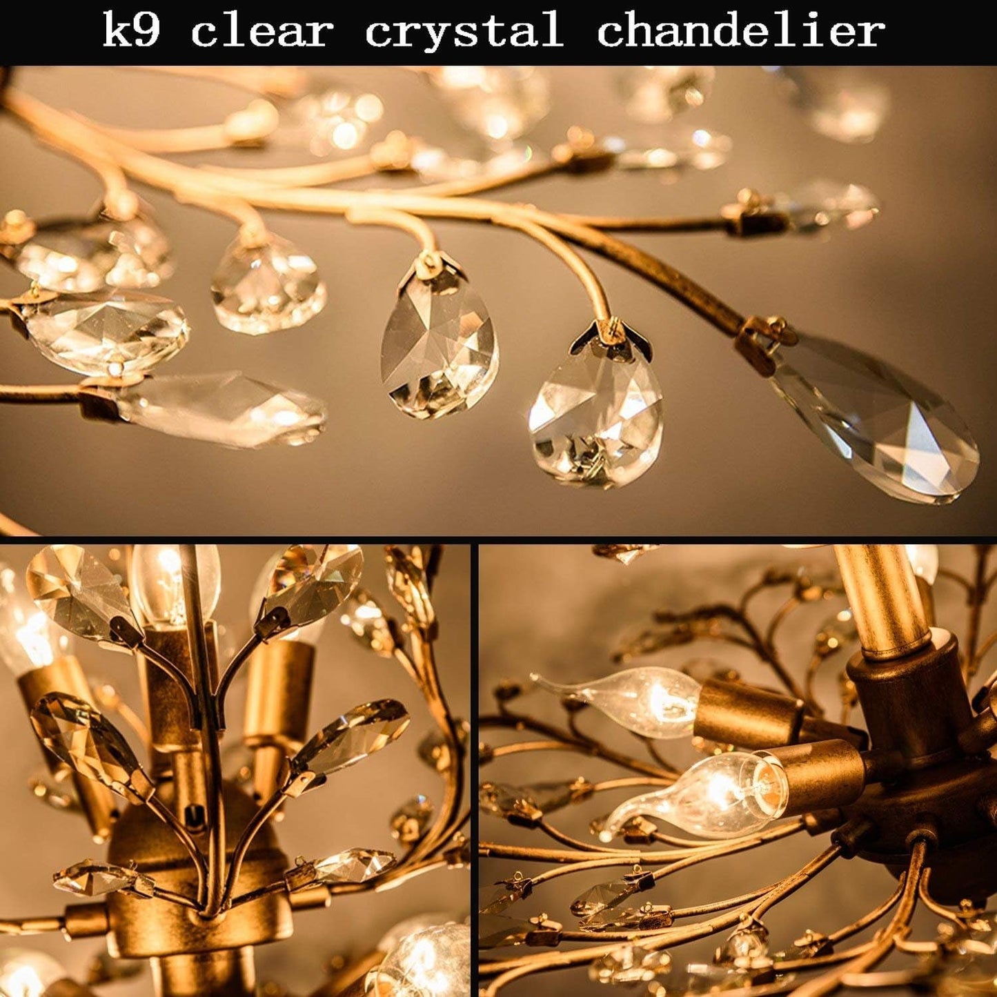 Gold Three Light Crystal Chandelier Ceiling Fixture With Adjustable Chain