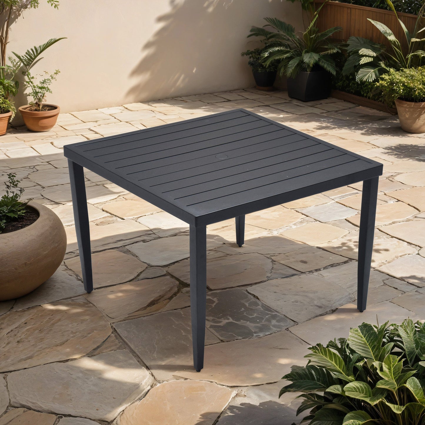 Outdoor Patio Aluminum 40'x40' Square Dining Table with Tapered Feet & 2'Umbrella Hole, Ember Black