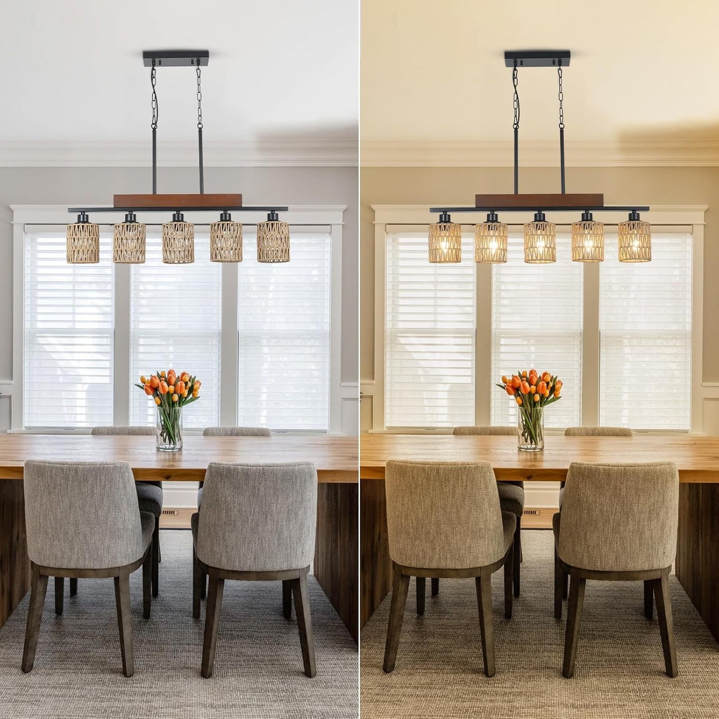 Rattan Farmhouse 5 Light Linear Chandelier Black Lighting shown over a dining table with floral centerpiece.